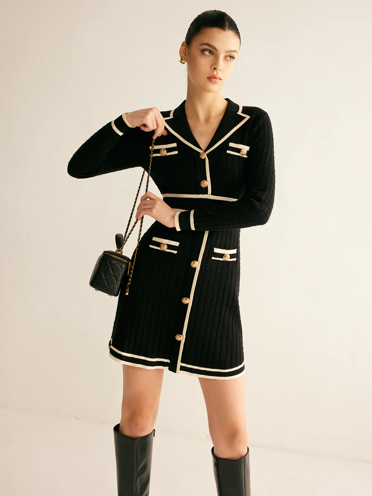 Contrast Binding Lapel Sweater Dress - Takermore