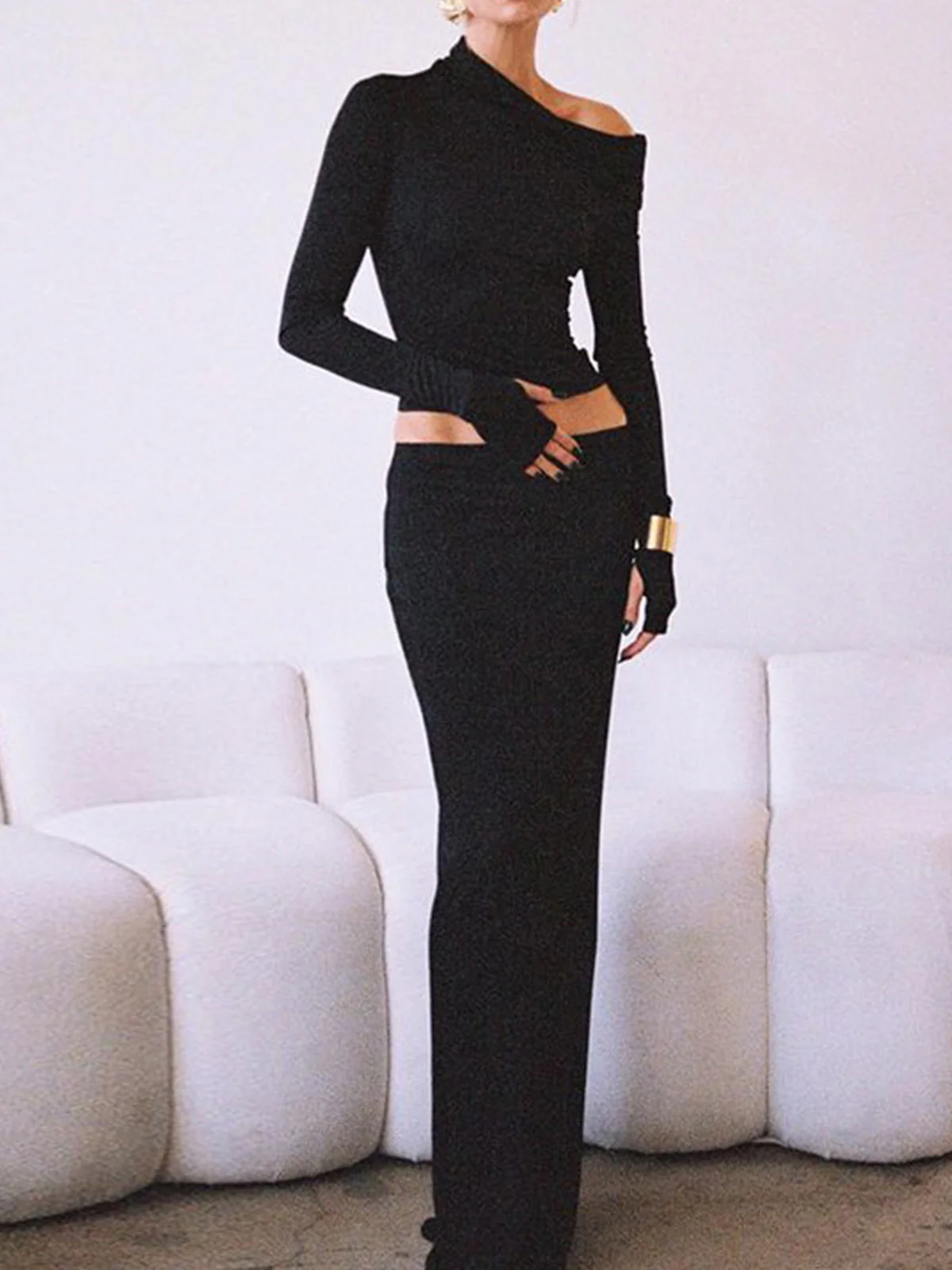 Matte Jersey One Shoulder Off Maxi Skirt Set - Takermore