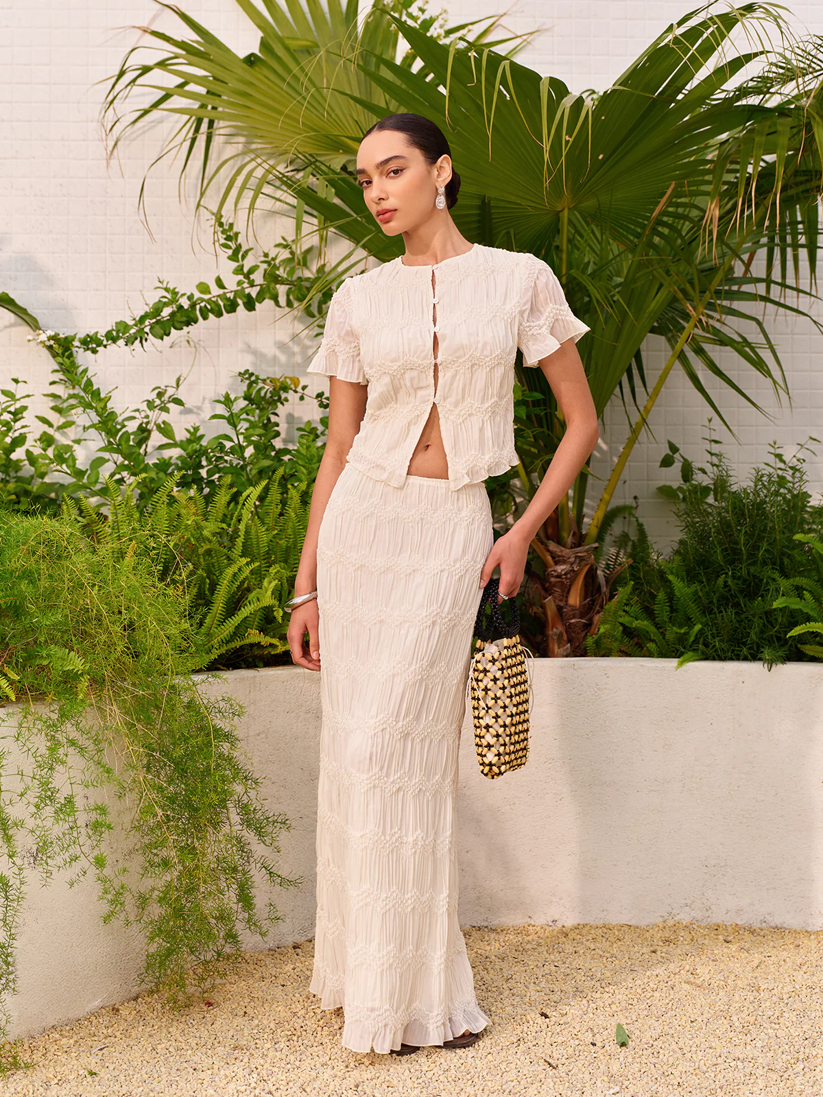 Short Sleeve Buttoned Crop Top With Skirt Set - Takermore