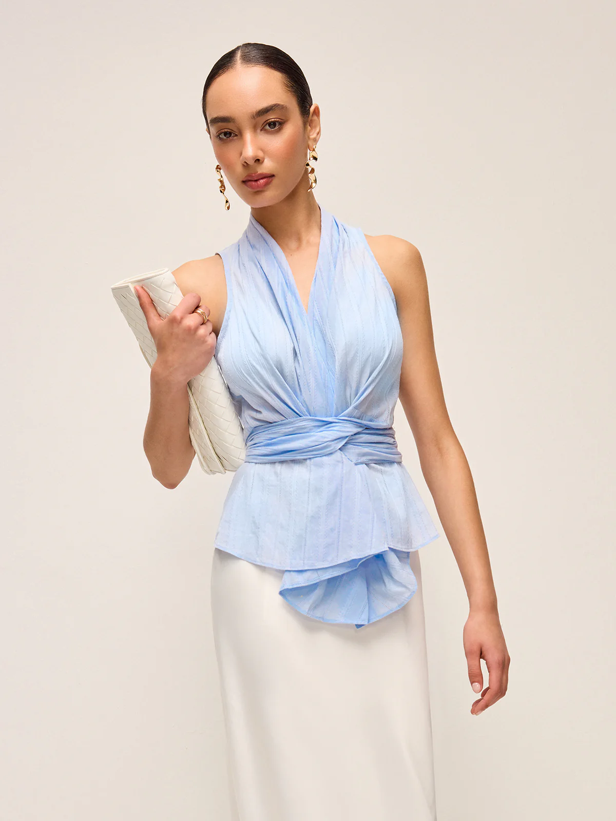 Cotton Draped Wrap Top With Back Bow - Takermore