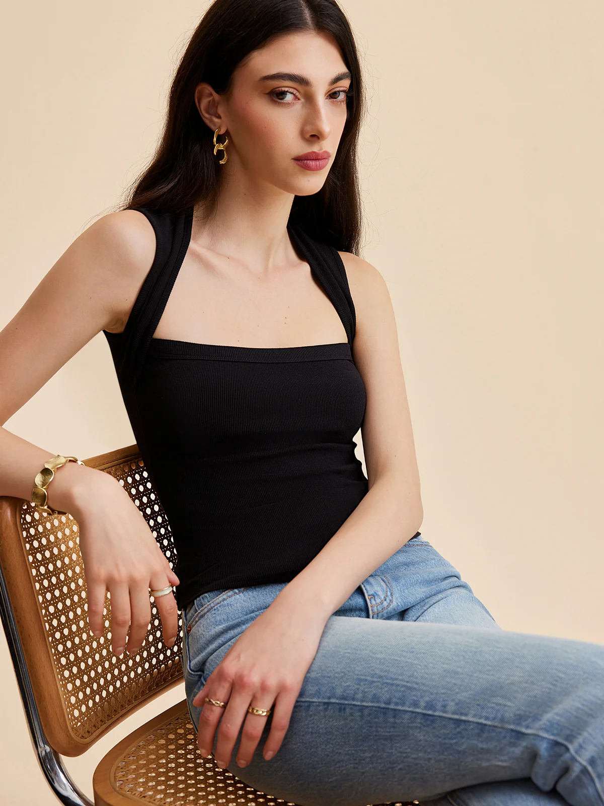 Square Neck Ribbed Tank Top - Takermore