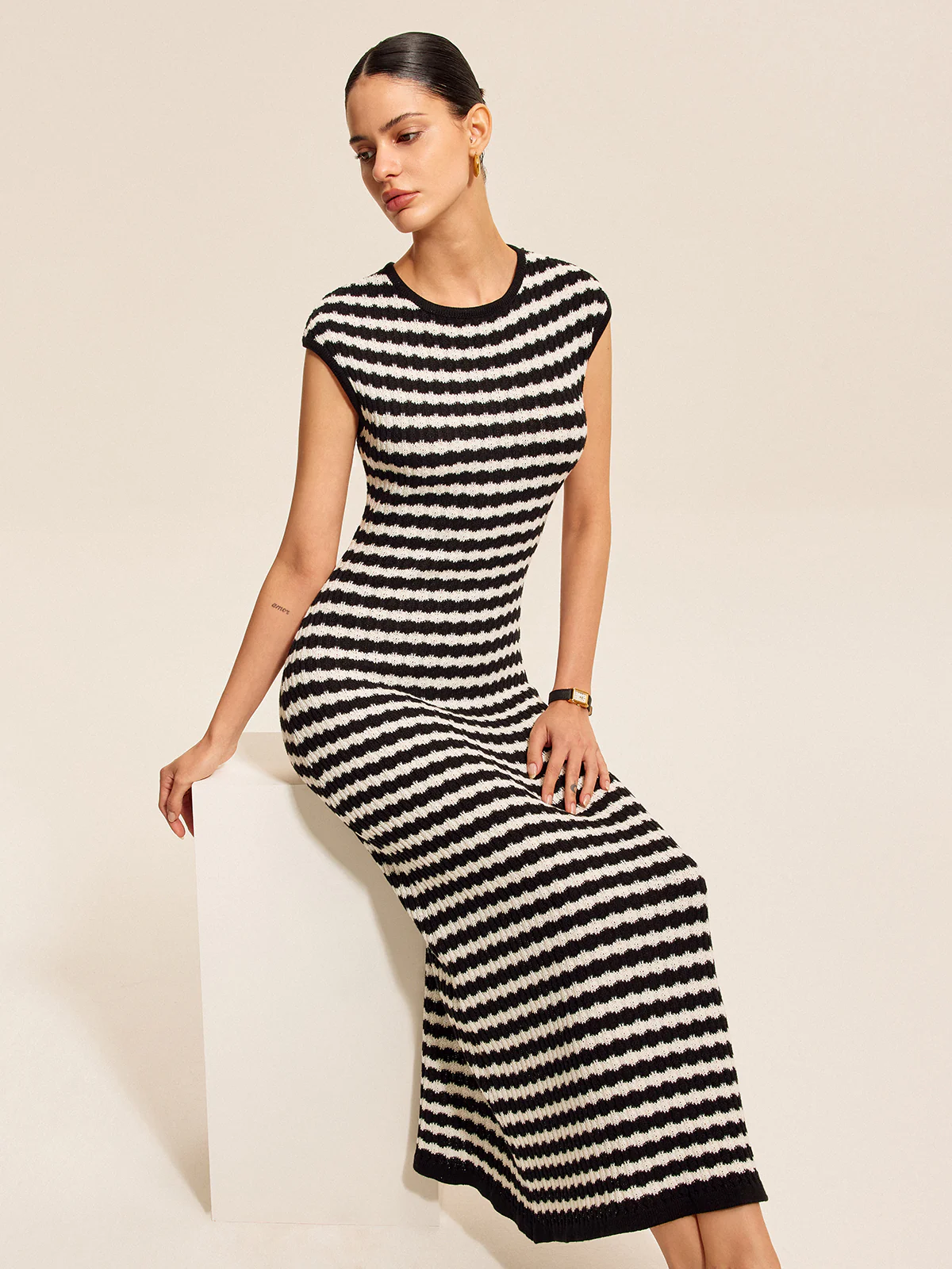 Striped Cap Sleeves Knit Dress - Takermore