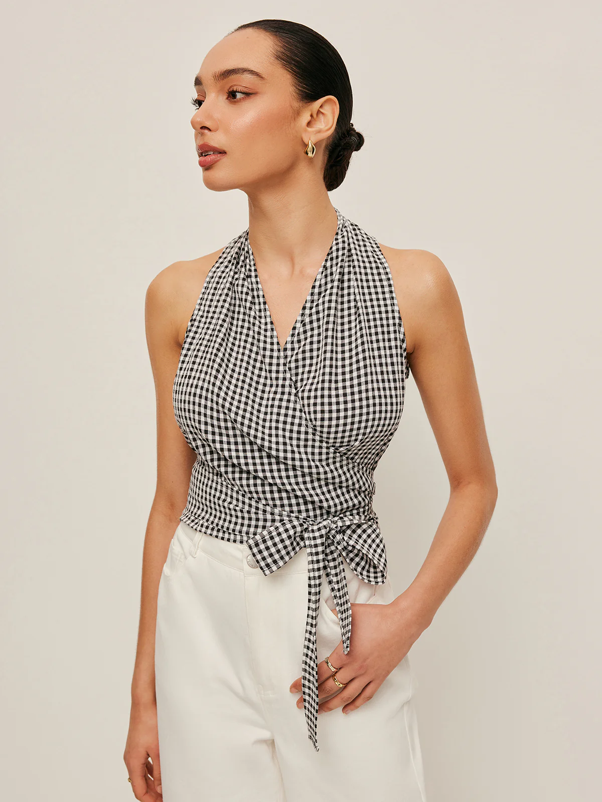 Gingham Halter Wrap Top - Takermore