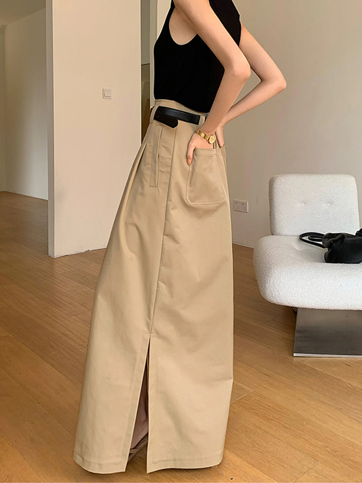 Oversized Cotton Split Maxi Skirt Without Belt - Takermore