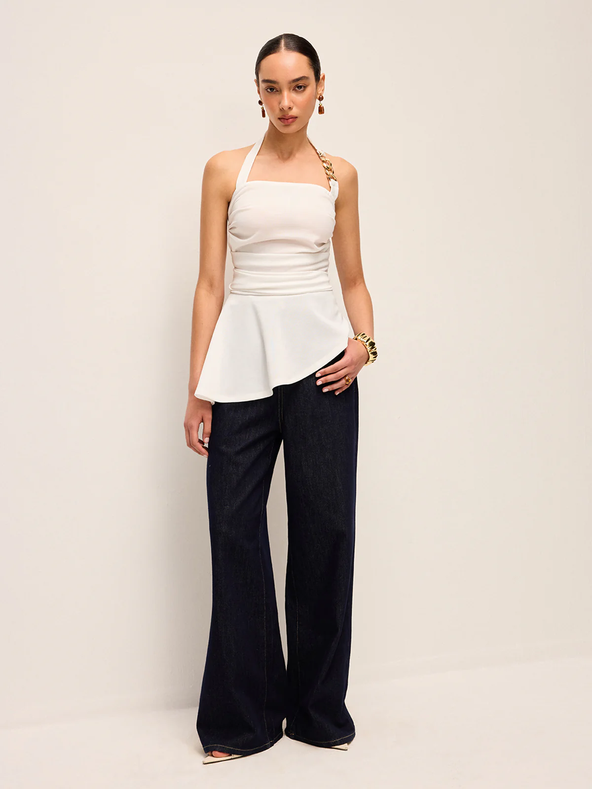 Halter Neck Peplum Top With Chain Detail - Takermore