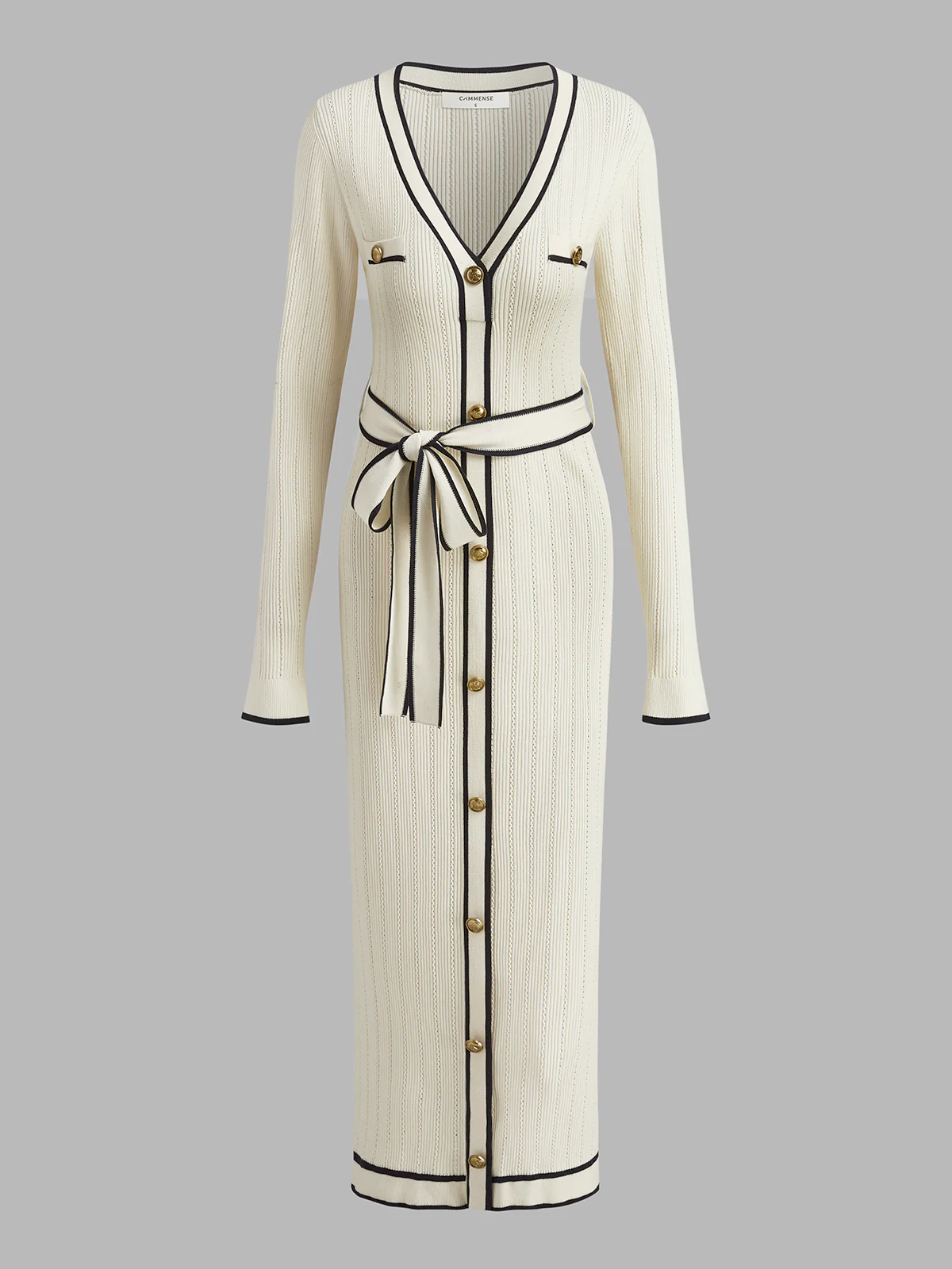 V-Neck Contrast Trim Belted Sweater Dress - Takermore