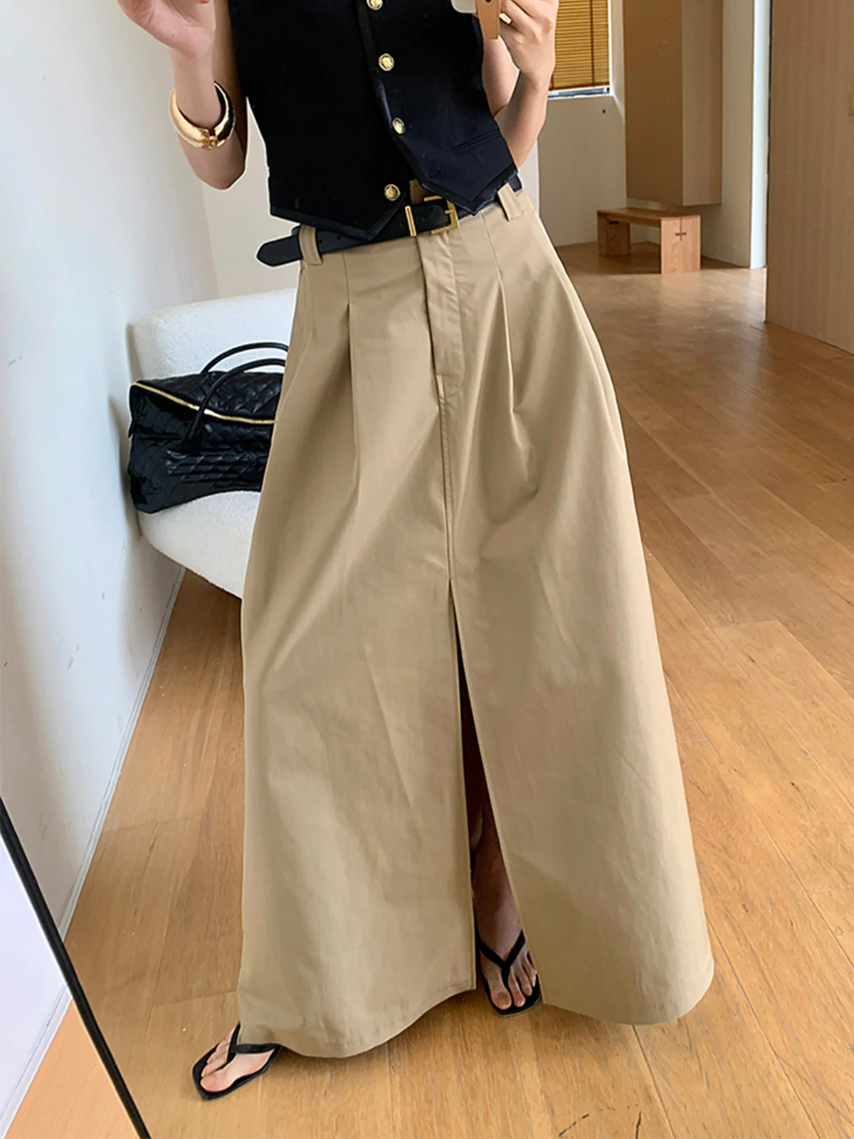Oversized Cotton Split Maxi Skirt Without Belt - Takermore