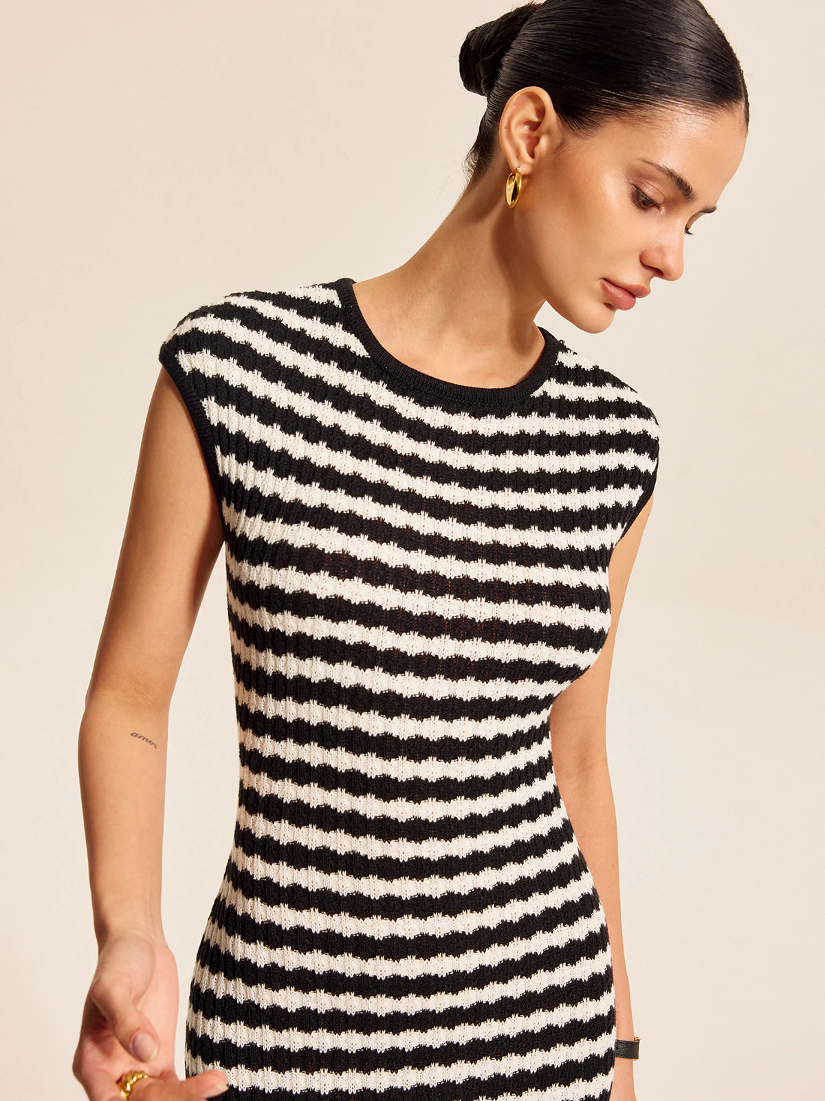 Striped Cap Sleeves Knit Dress - Takermore