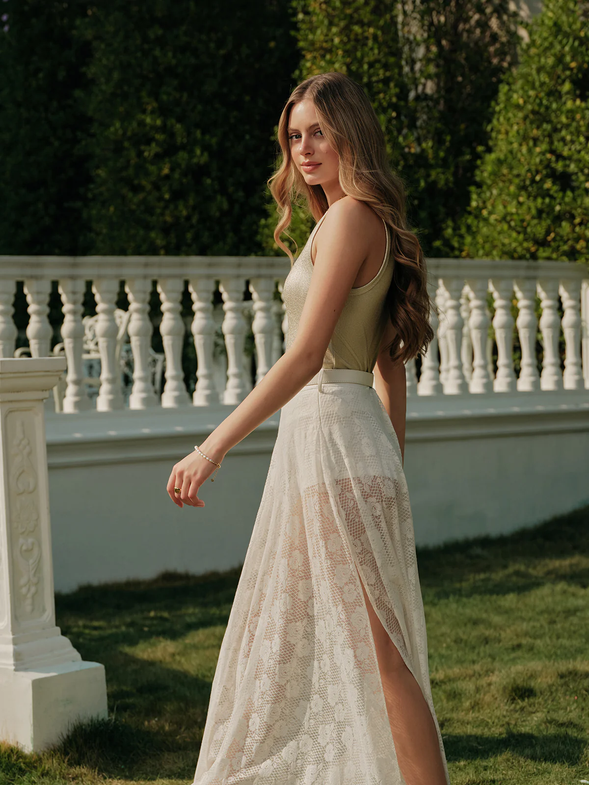 Sheer Lace Split Skirt With Belt - Takermore