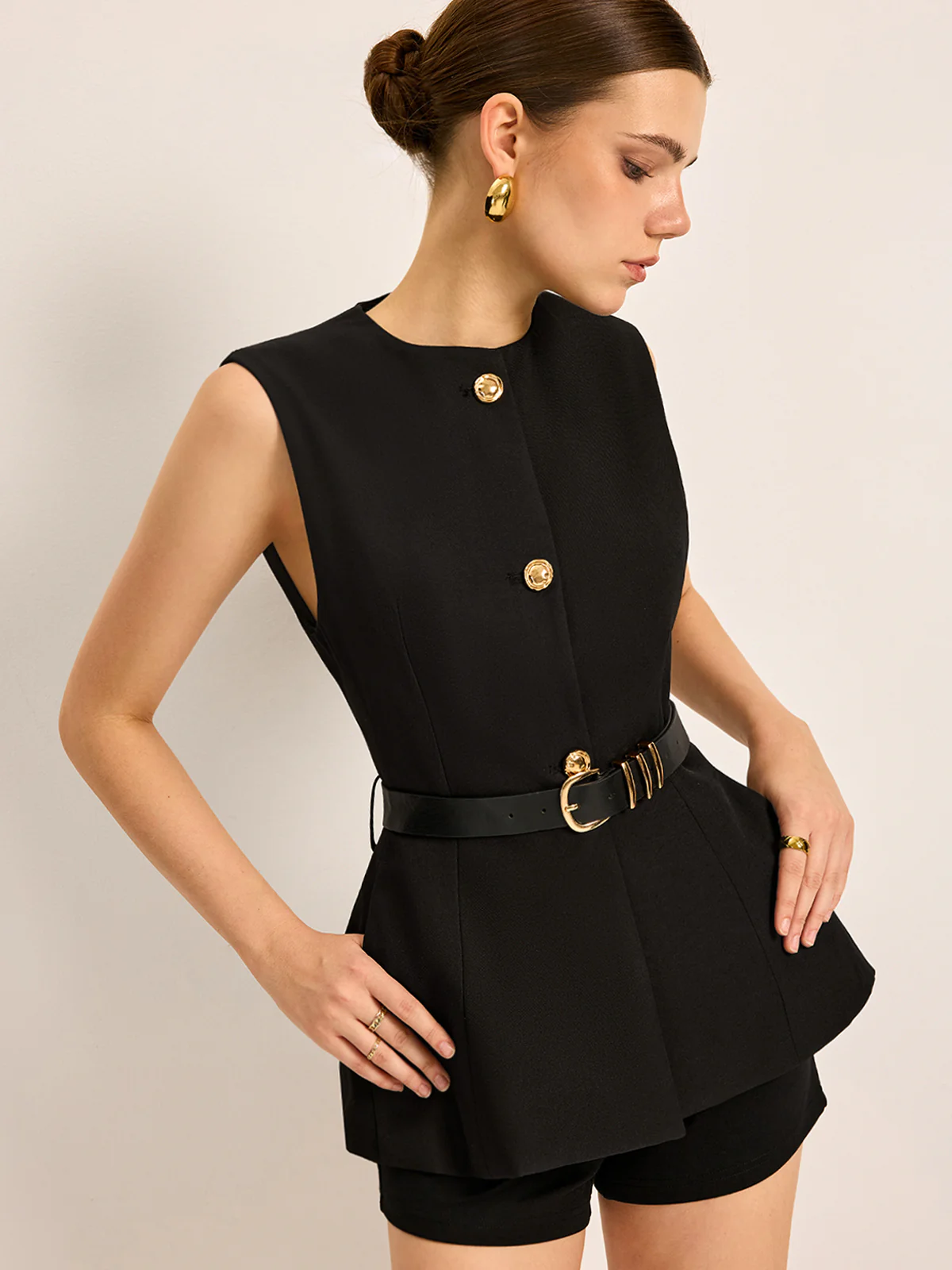 Button Detail Pockets Top With Belt - Takermore