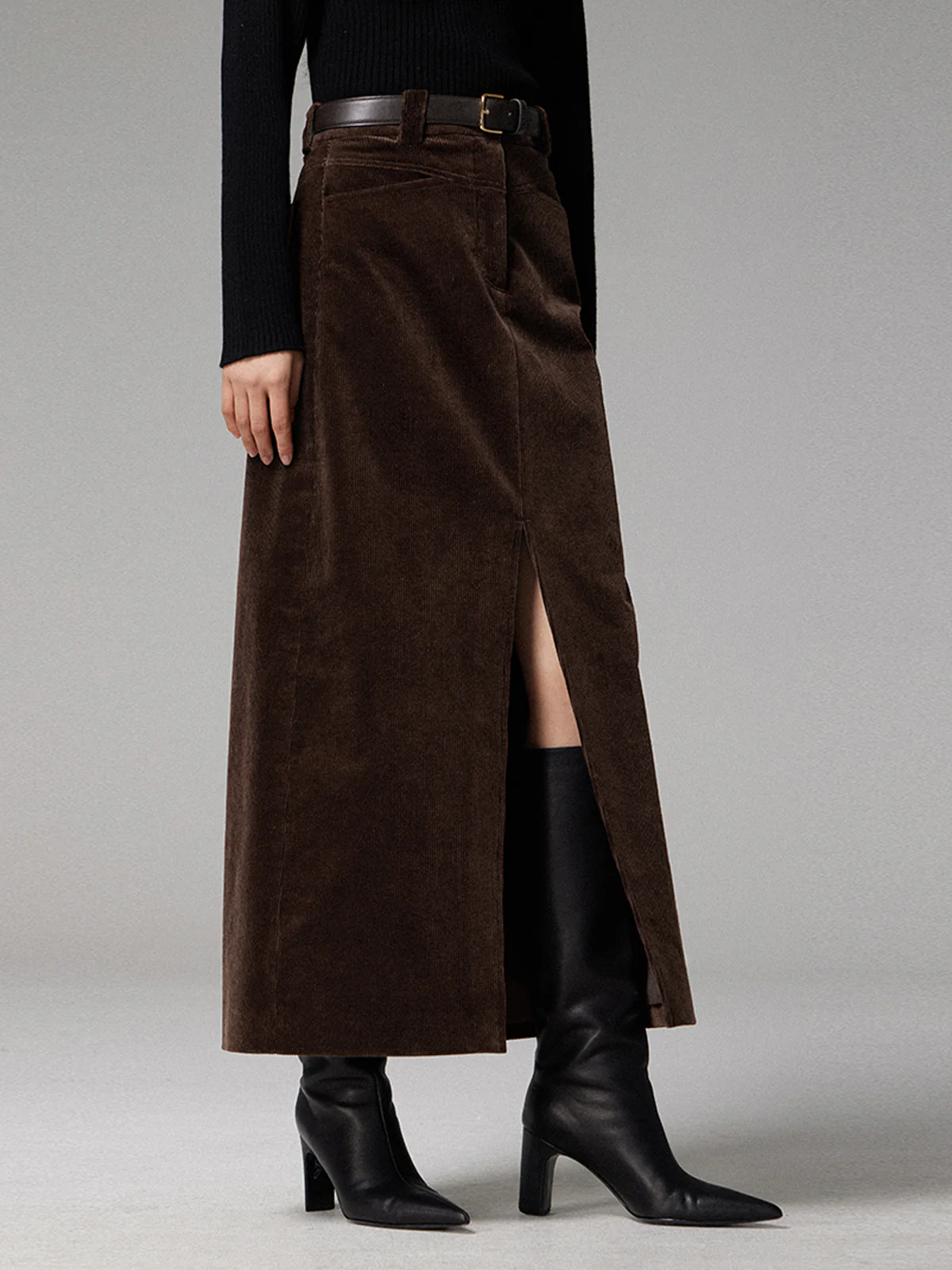 Pockets Corduroy Slit Maxi Skirt - Takermore