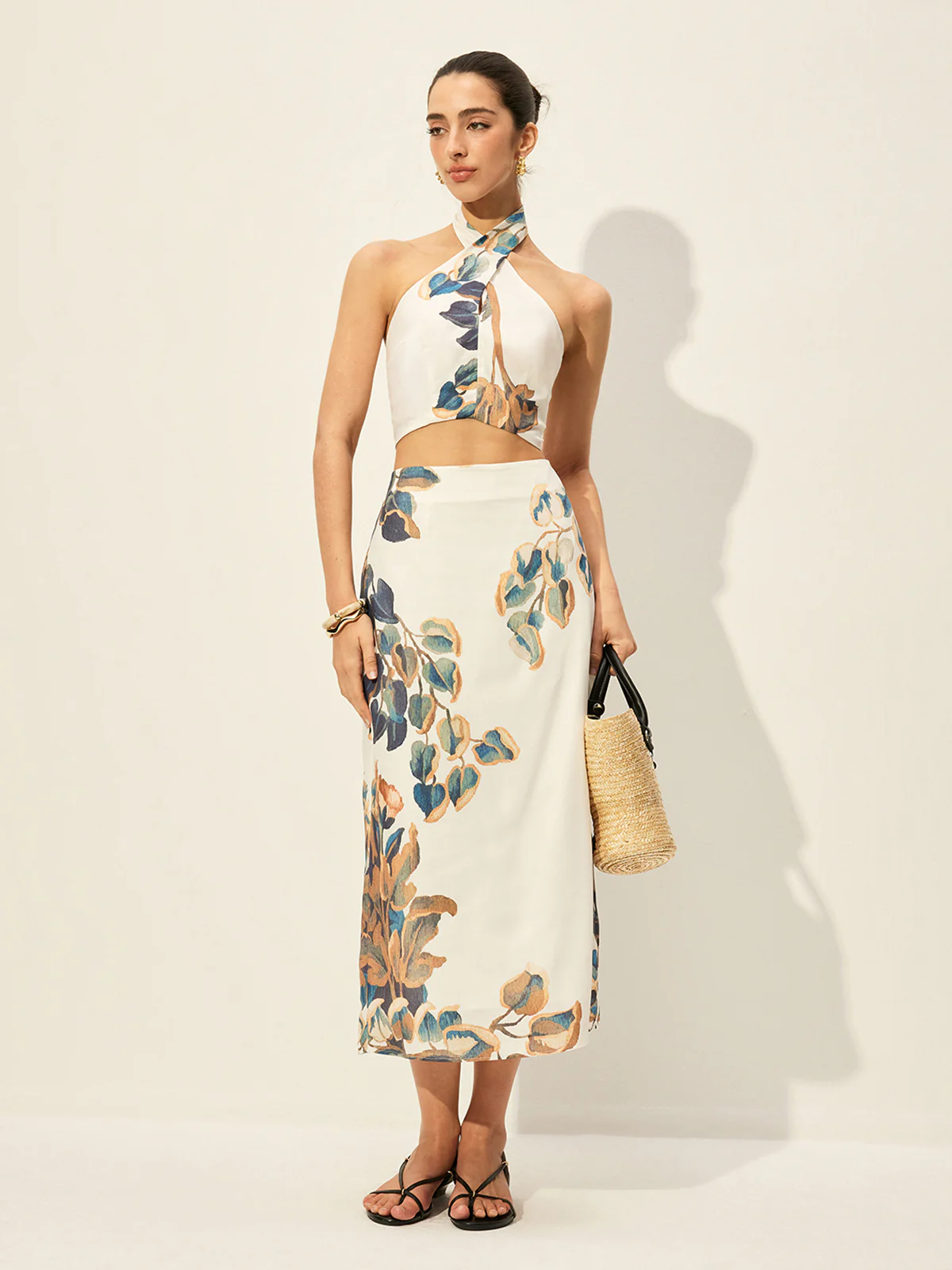 Floral Print Halter Top With Skirt Set - Takermore