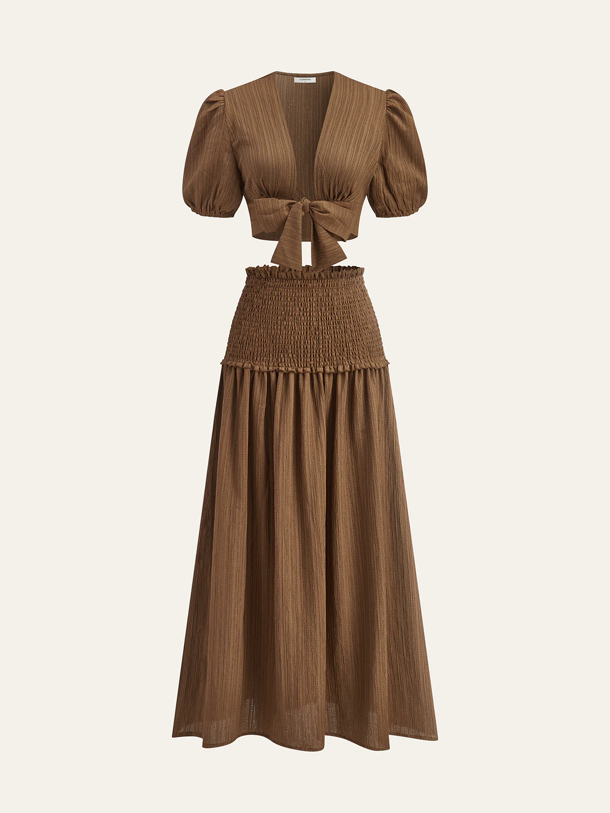 Puff-Sleeve Crop Top and Smocked-Waist Midi Skirt Set - Takermore