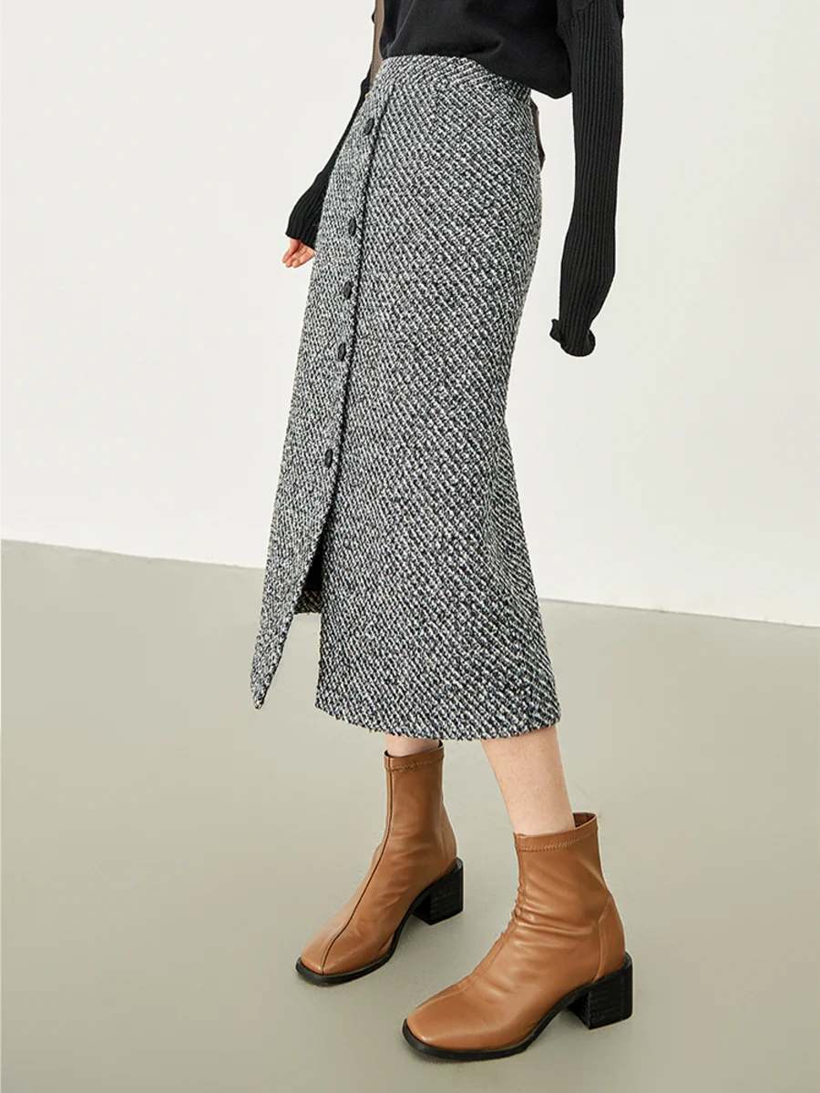 Button Down Tweed Boucle Maxi Skirt - Takermore