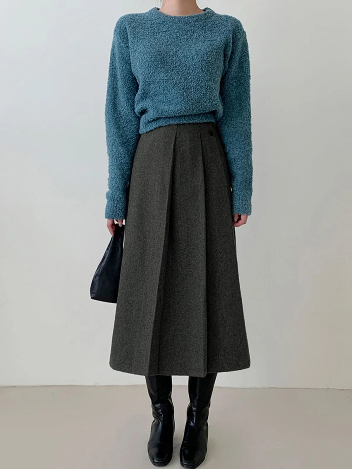 Tweed Pleated Button Midi Skirt - Takermore