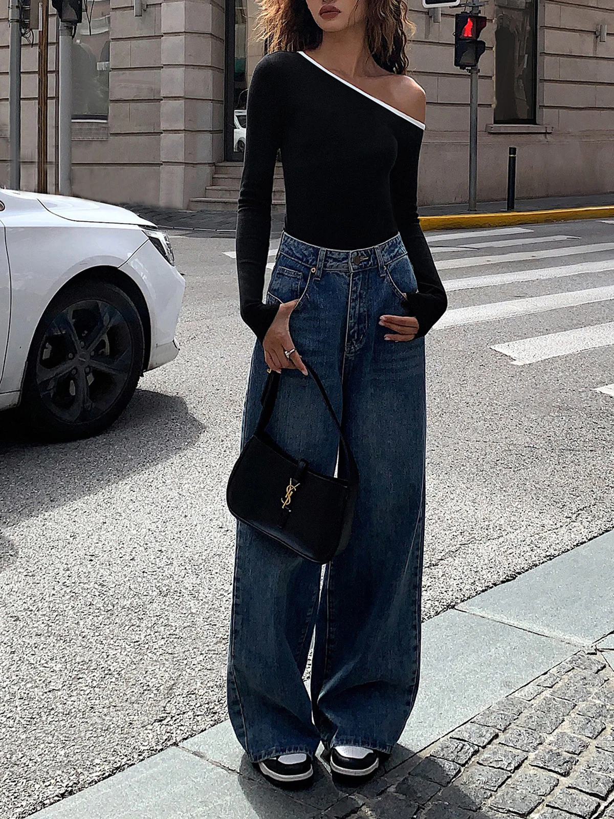 Contrast Trim Off Shoulder Long Sleeve Shirt - Takermore