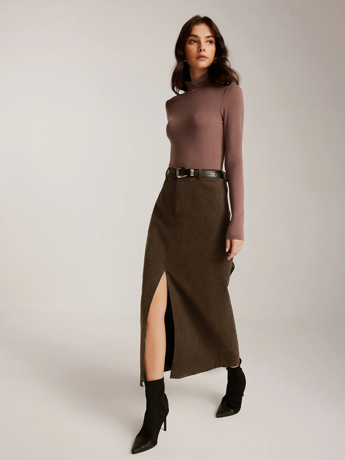 Corduroy Split Belted Midi Skirt - Takermore