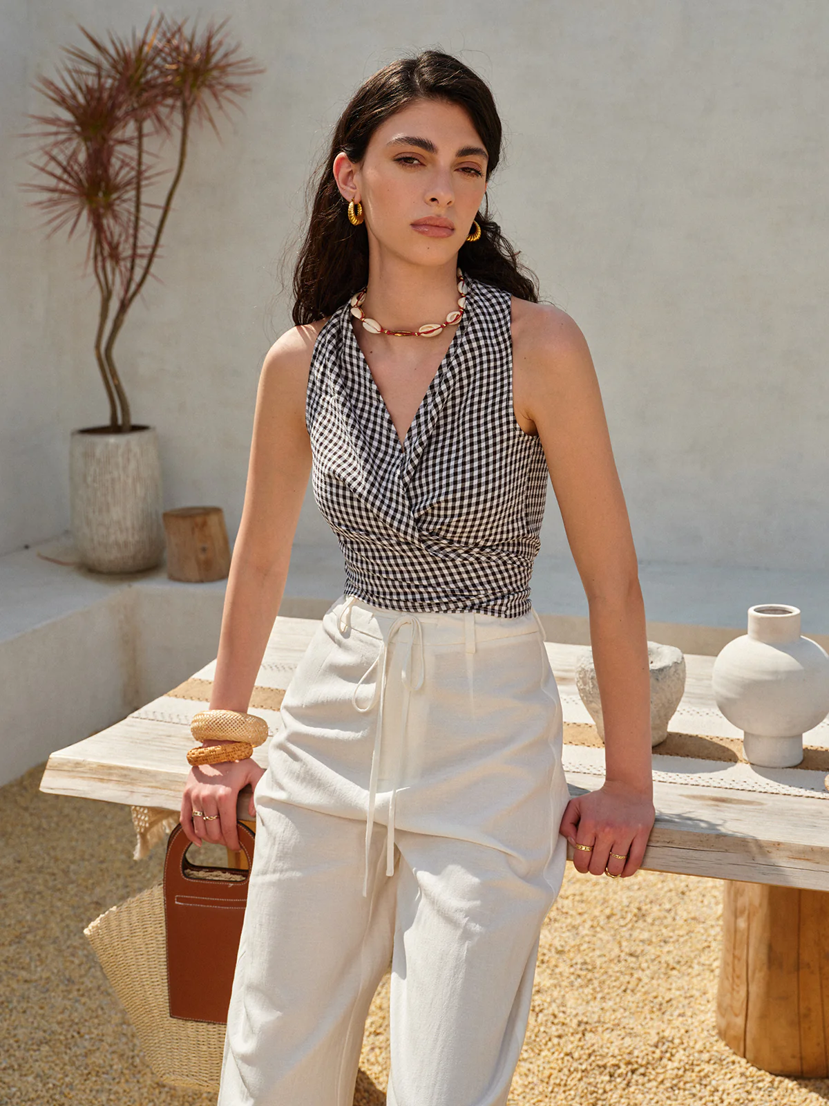 Gingham Halter Wrap Top - Takermore