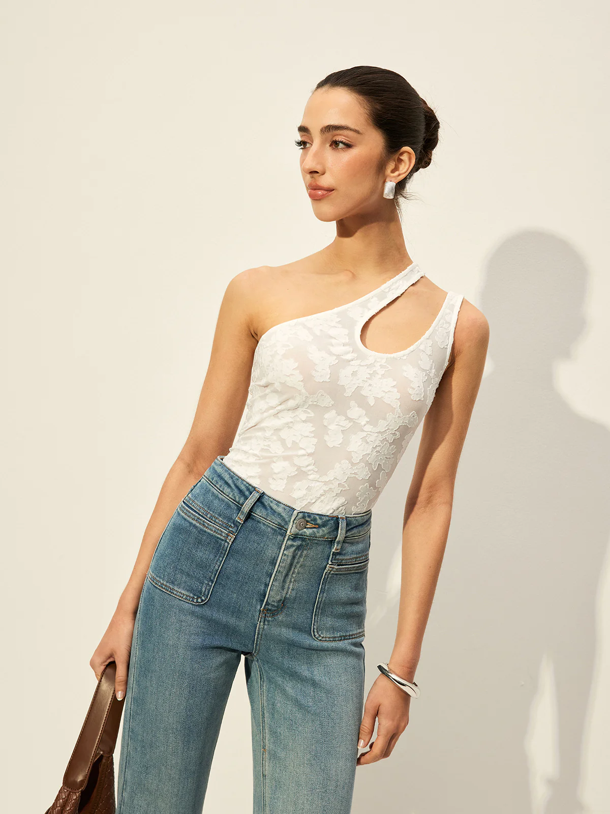 Semi-Sheer One-Shoulder Asymmetrical Cut-Out Embroidery Tank Top - Takermore
