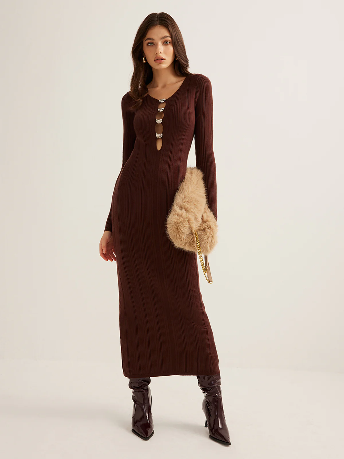 Cutout Slim Sweater Long Dress - Takermore