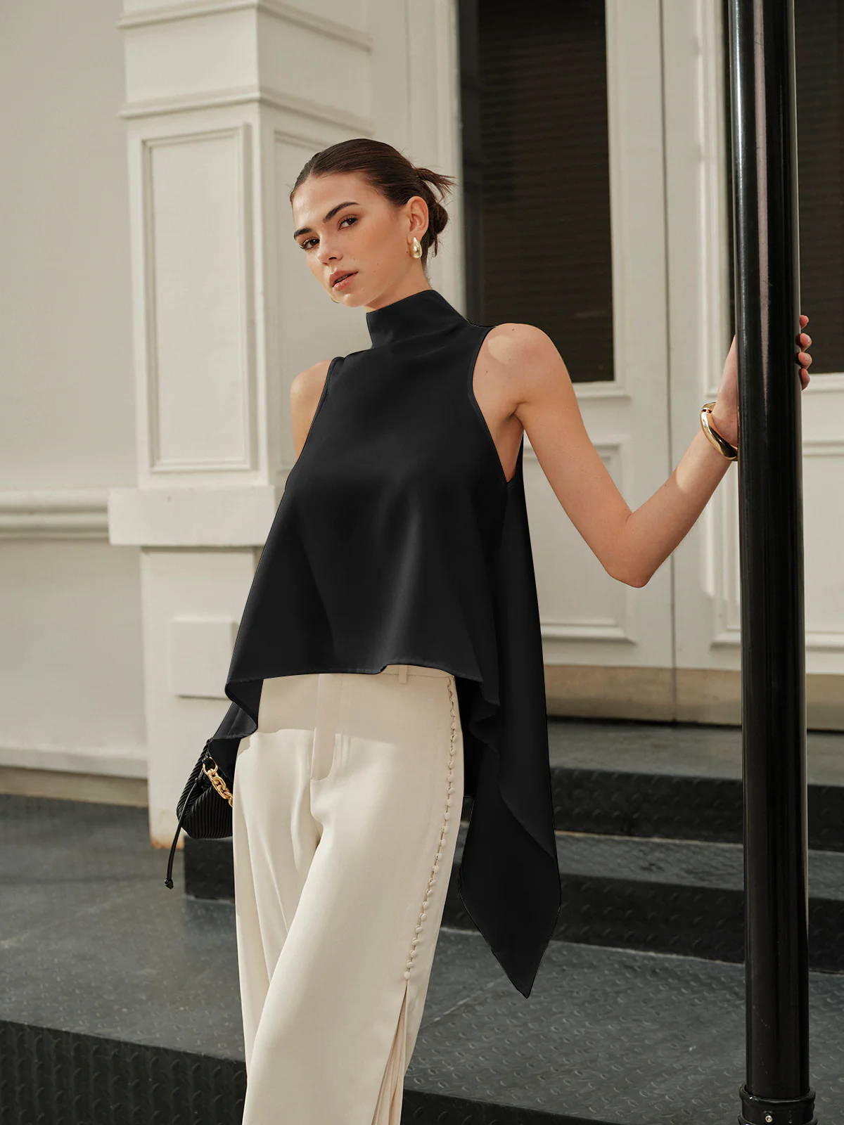 Asymmetrical Mock Neck Sleeveless Top - Takermore