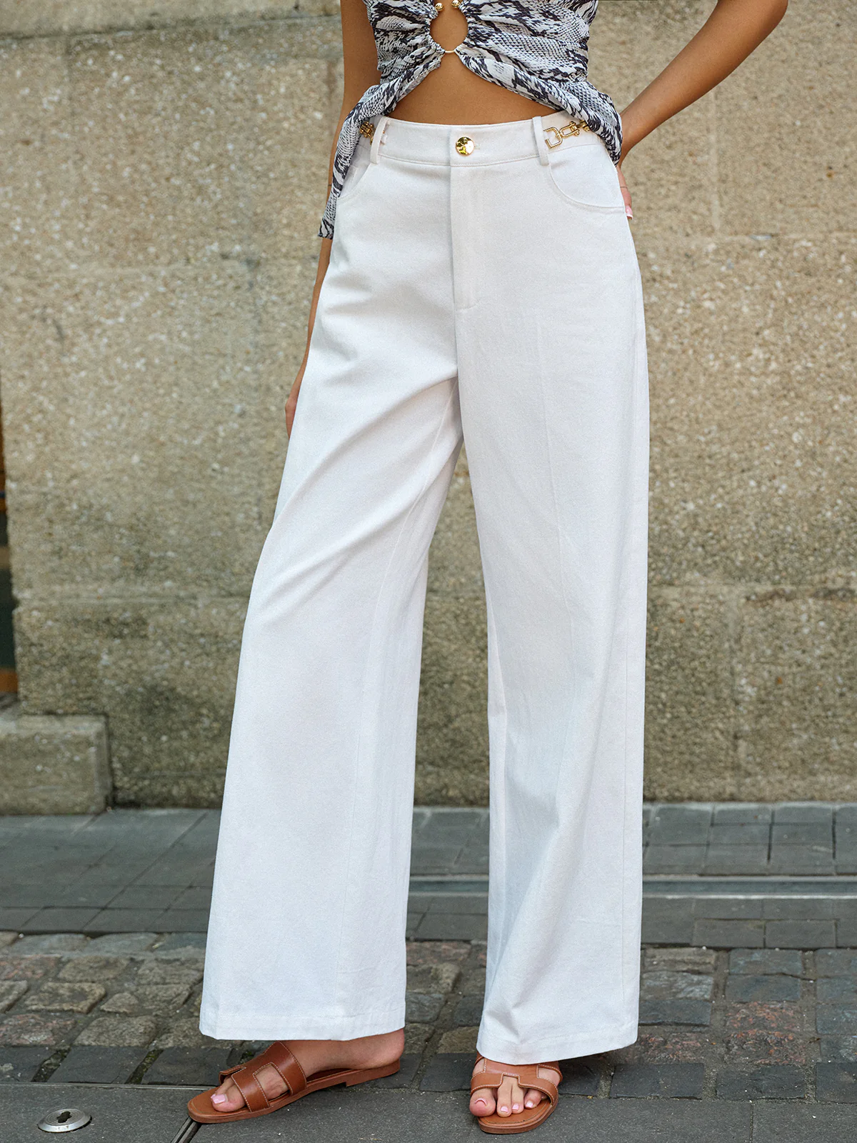 Metal Decor Wide-Leg Pants - Takermore