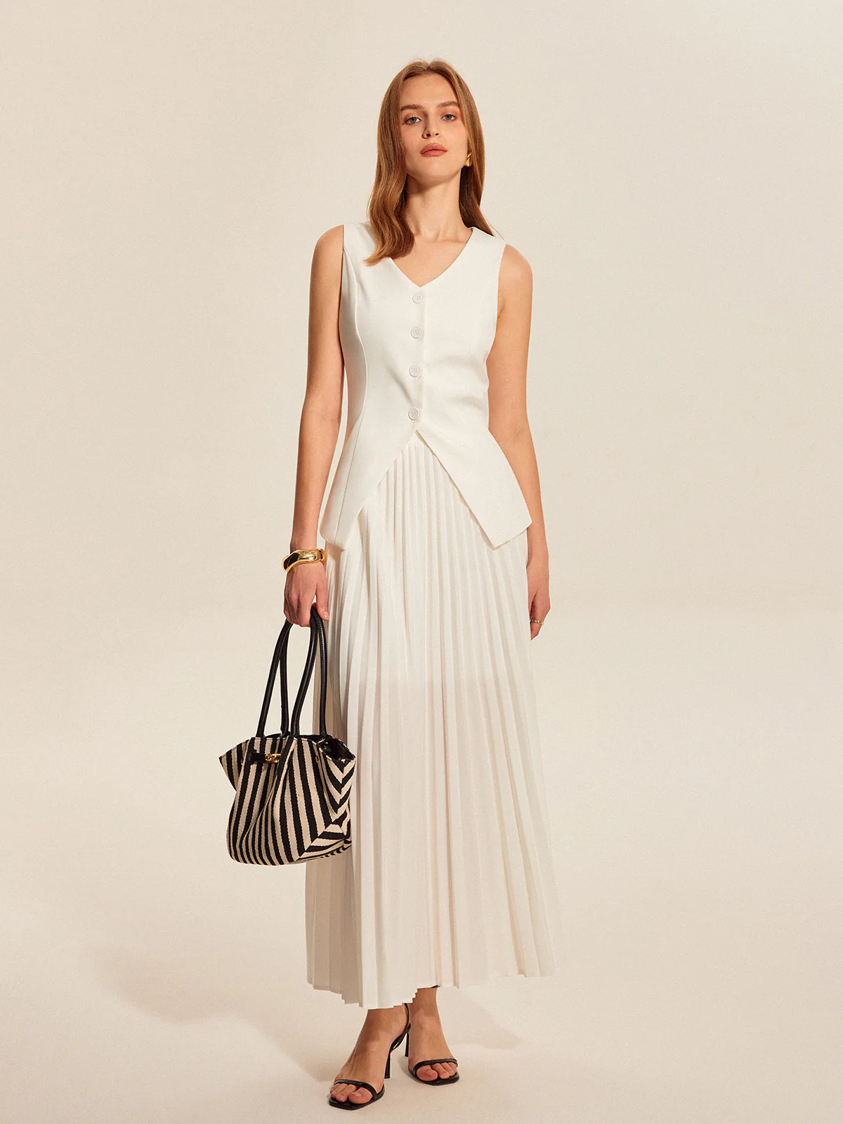 Buttoned Vest Pleated Skirt Set - Takermore