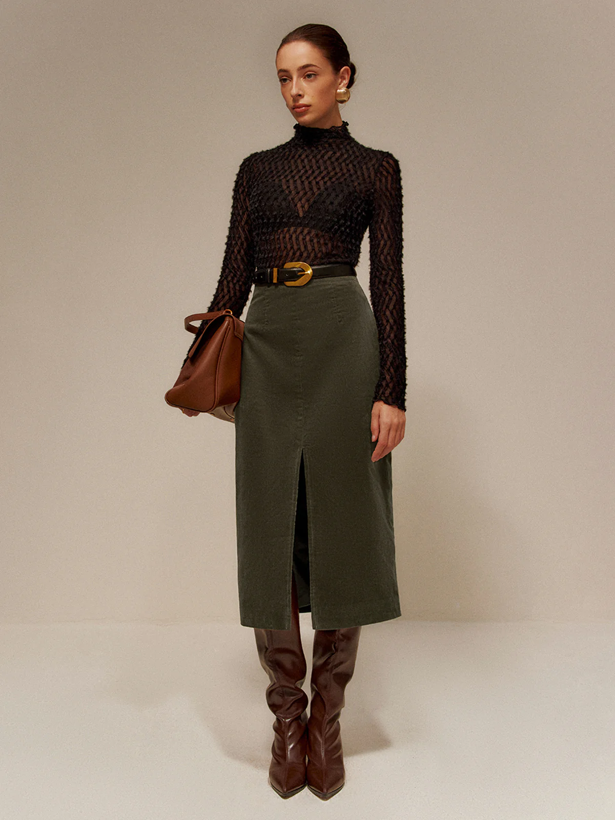 Split Front Corduroy Skirt Without Belt - Takermore