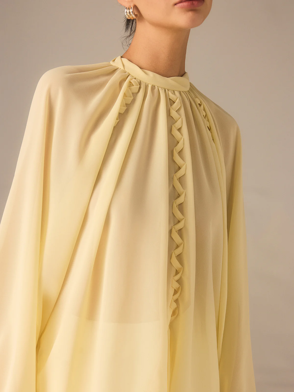 Semi-Sheer Chiffon Stand Collar Blouse with Braided Detail - Takermore