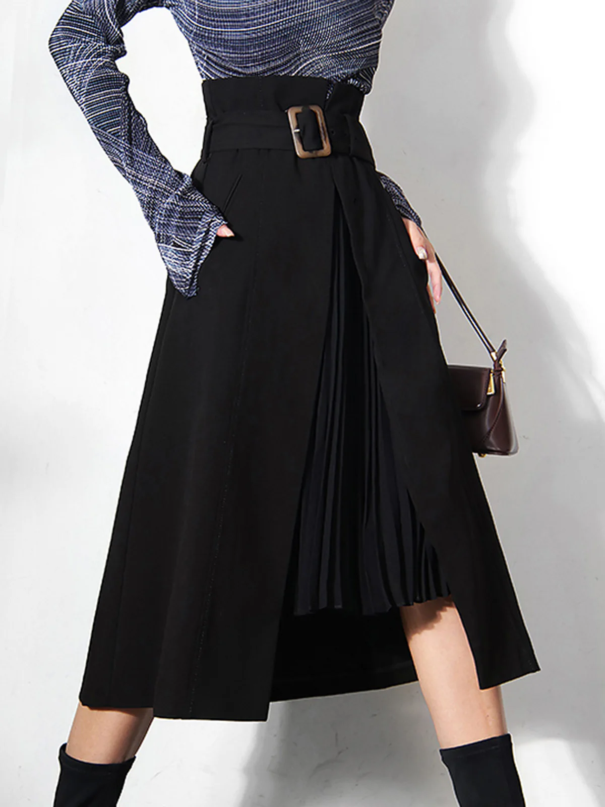 Irregular Package Belted Midi Skirt - Takermore