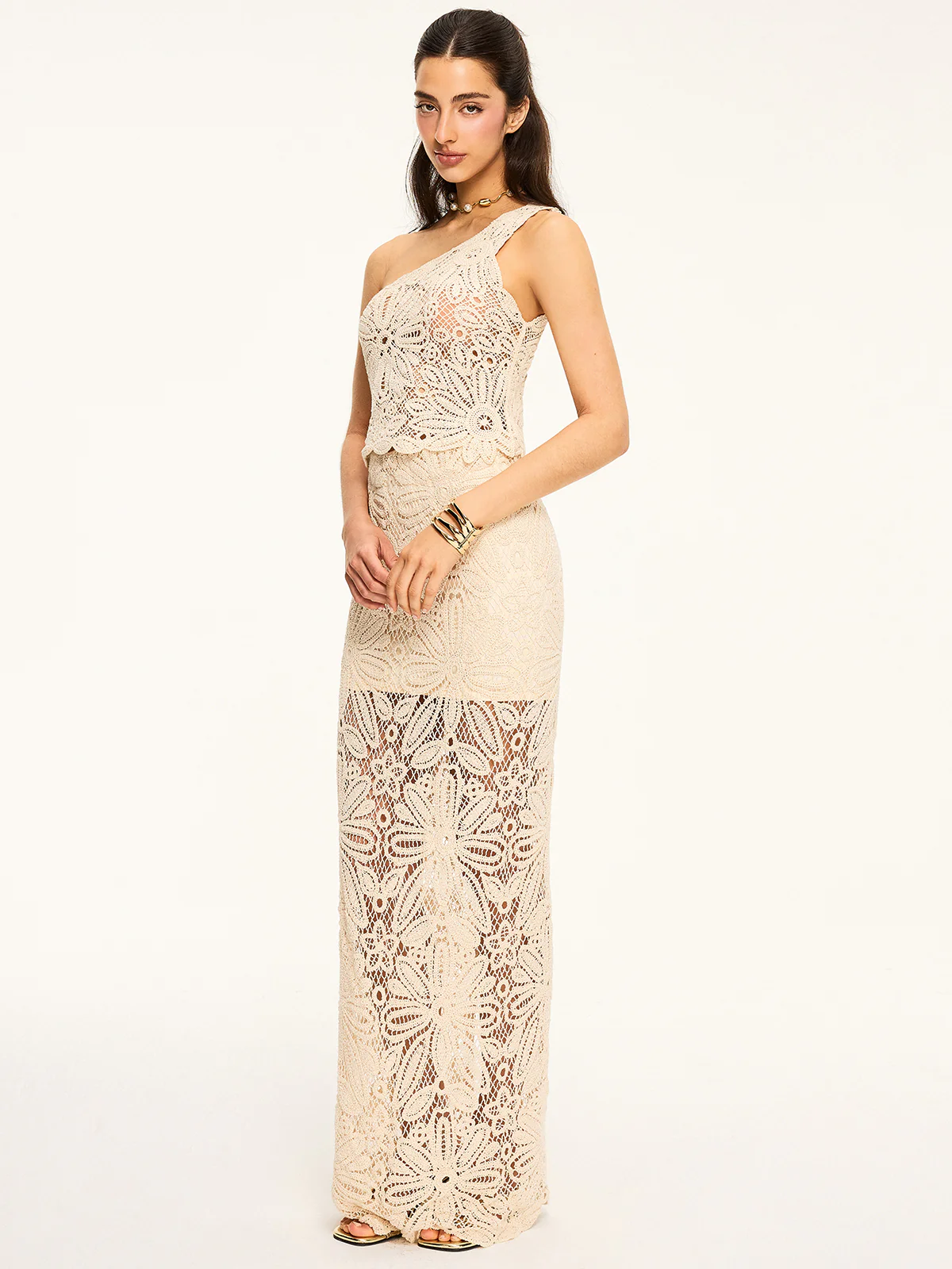 One-Shoulder Crochet Crop Top and Maxi Skirt Set - Takermore
