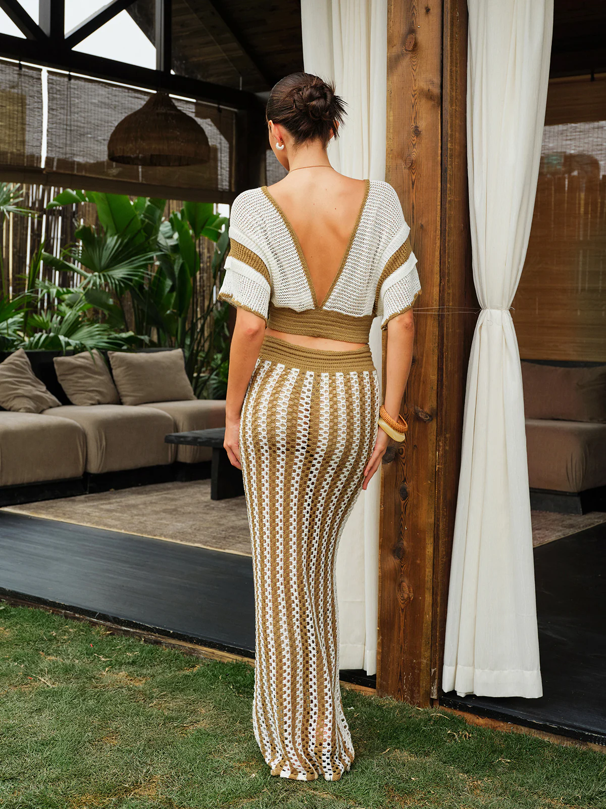 Crochet Stripe Skirt Set With Tassel Tie Waist - Takermore