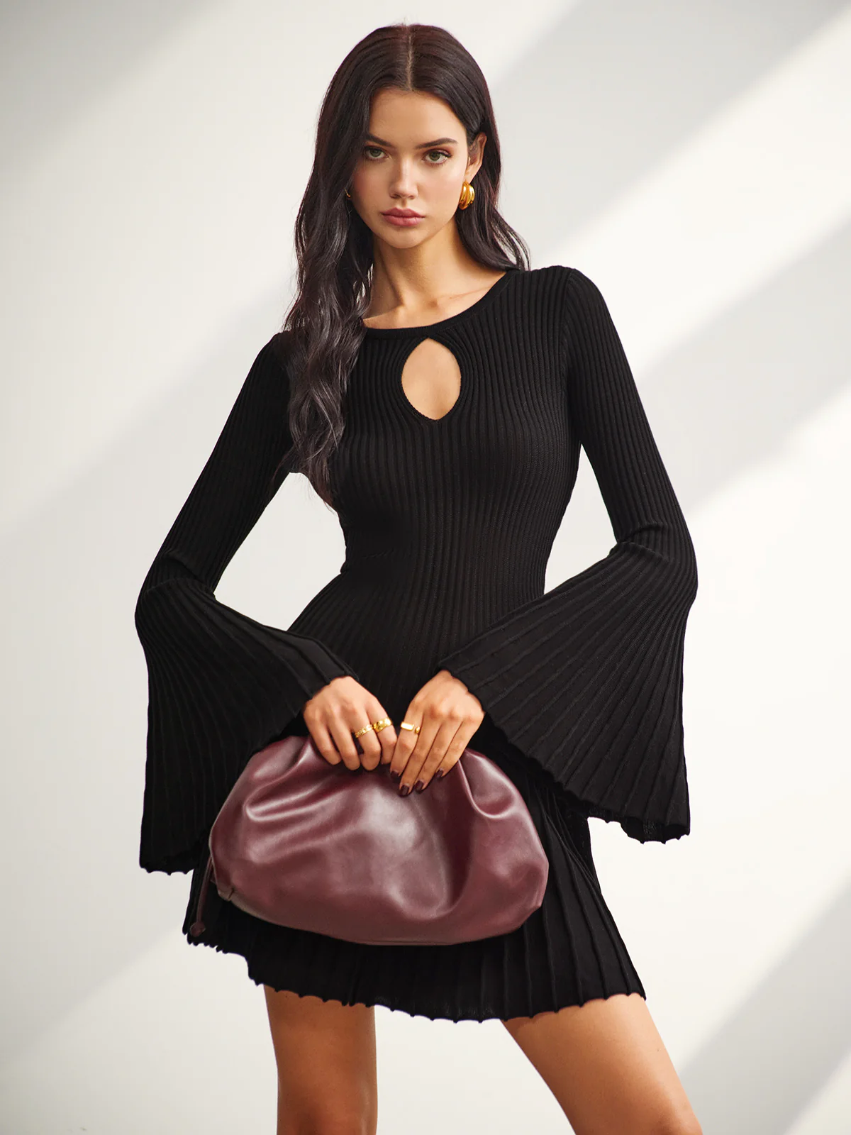Keyhole Neckline Bell Sleeve Sweater Dress - Takermore