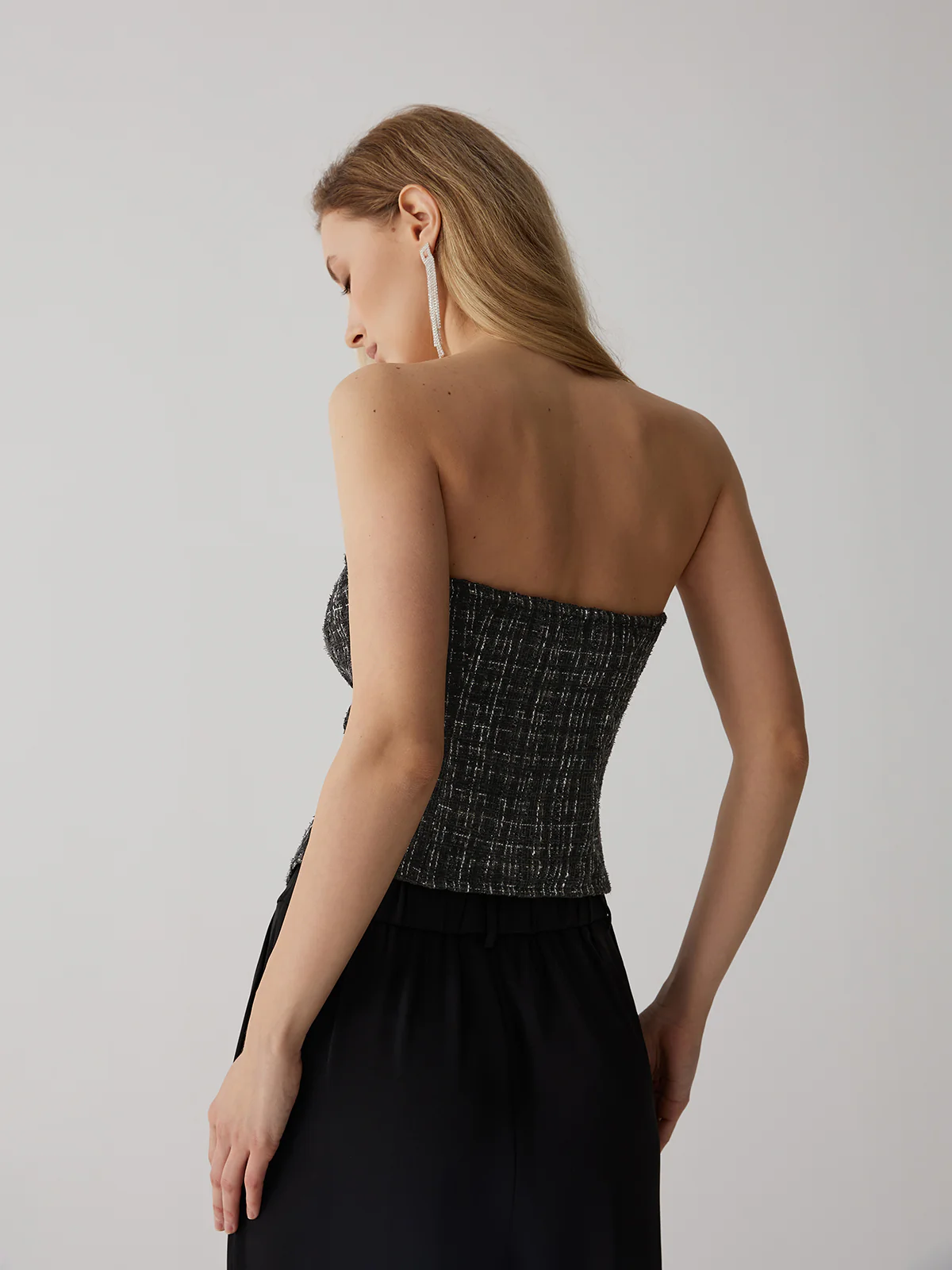 Tweed Button Ruched Tube Top - Takermore