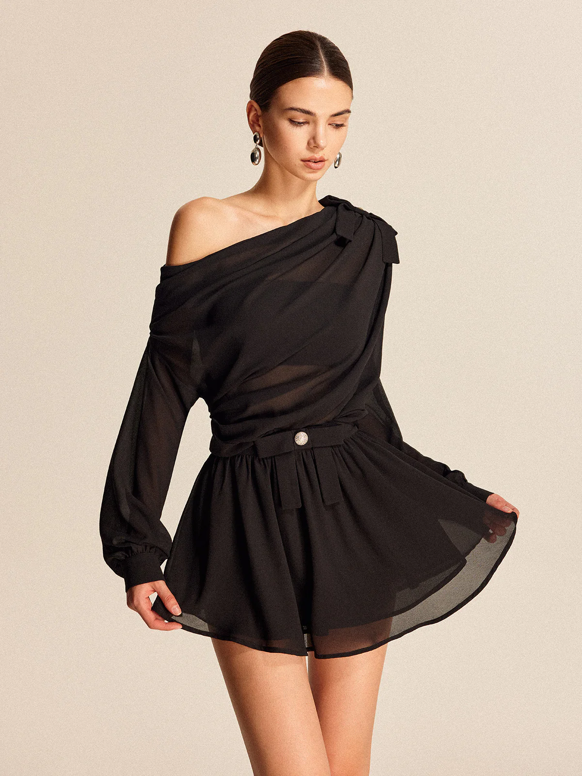 Semi-Sheer Chiffon One-Shoulder Bow Detail Skirt Set - Takermore