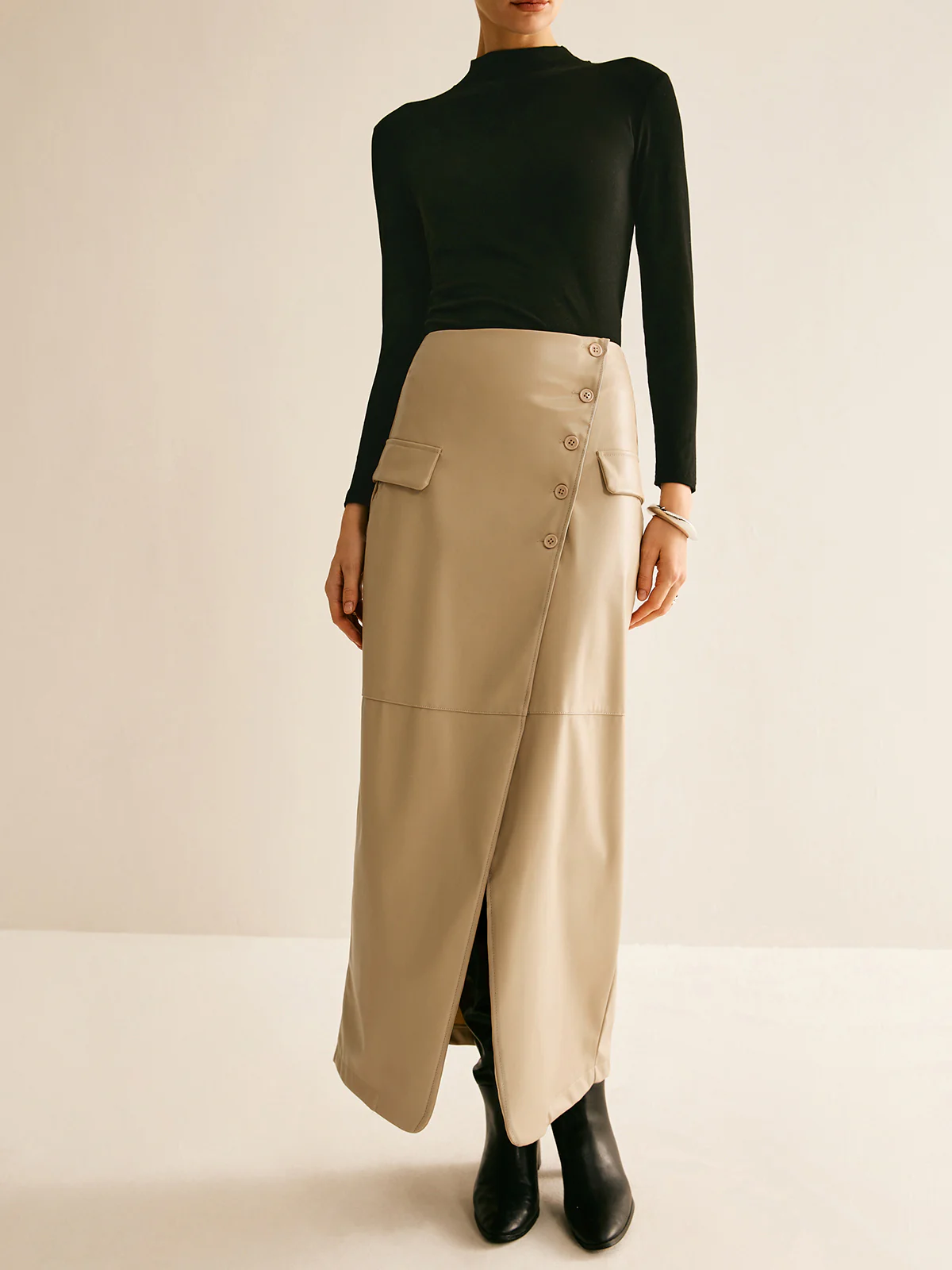 Asymmetrical Button Faux Leather Skirt - Takermore