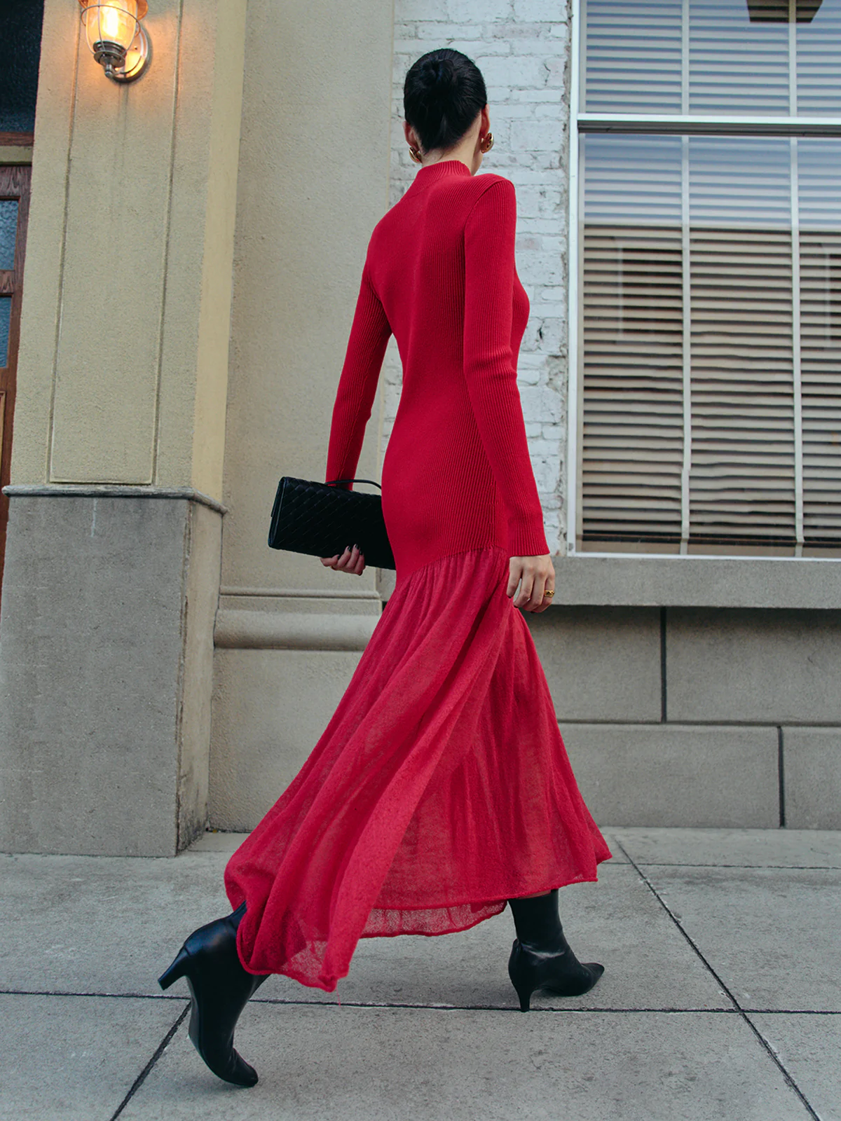 Mock Neck  Pleated Panel Sweater Dress - Takermore