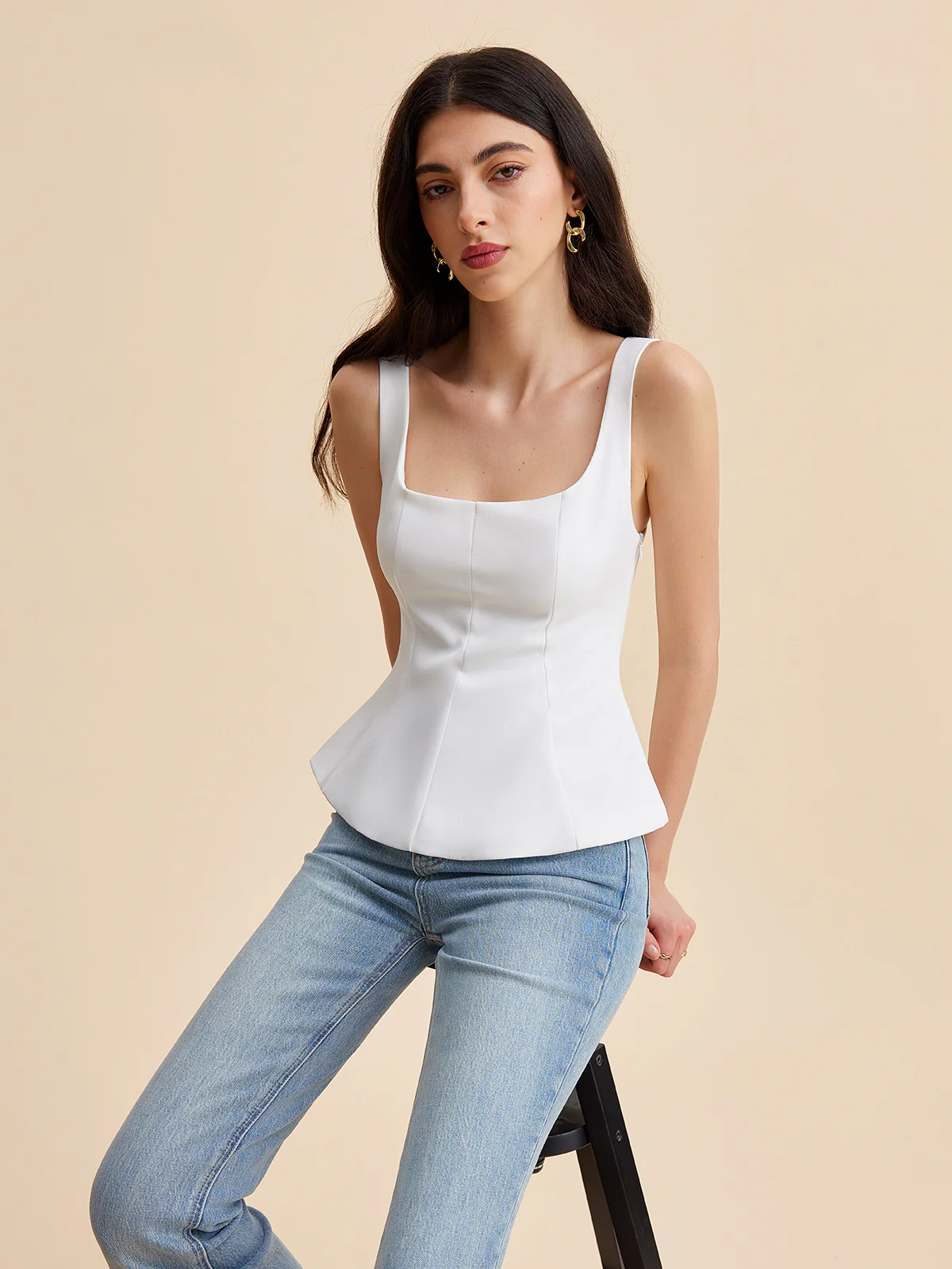 Square Neck Peplum Tank Top - Takermore