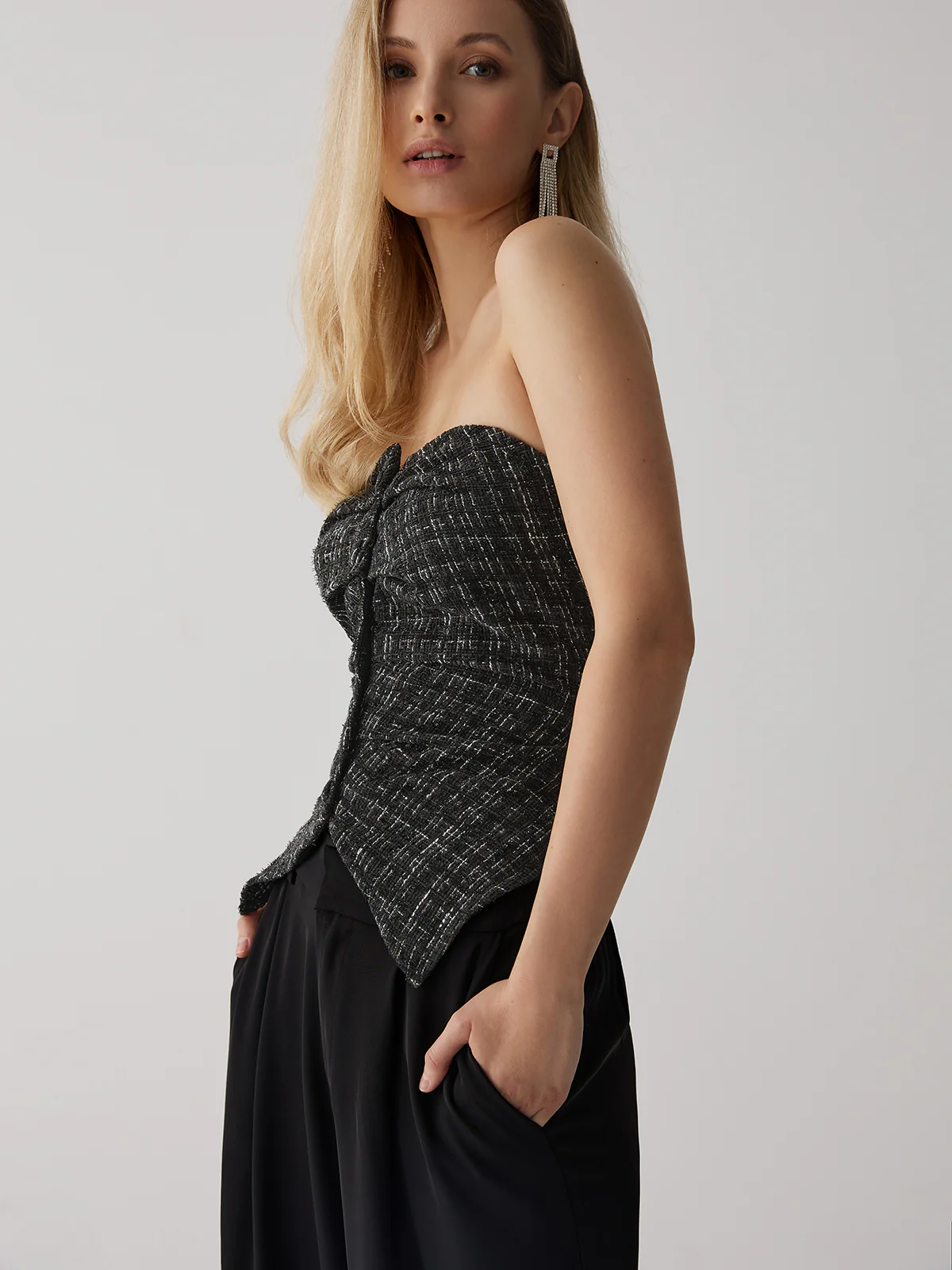 Tweed Button Ruched Tube Top - Takermore