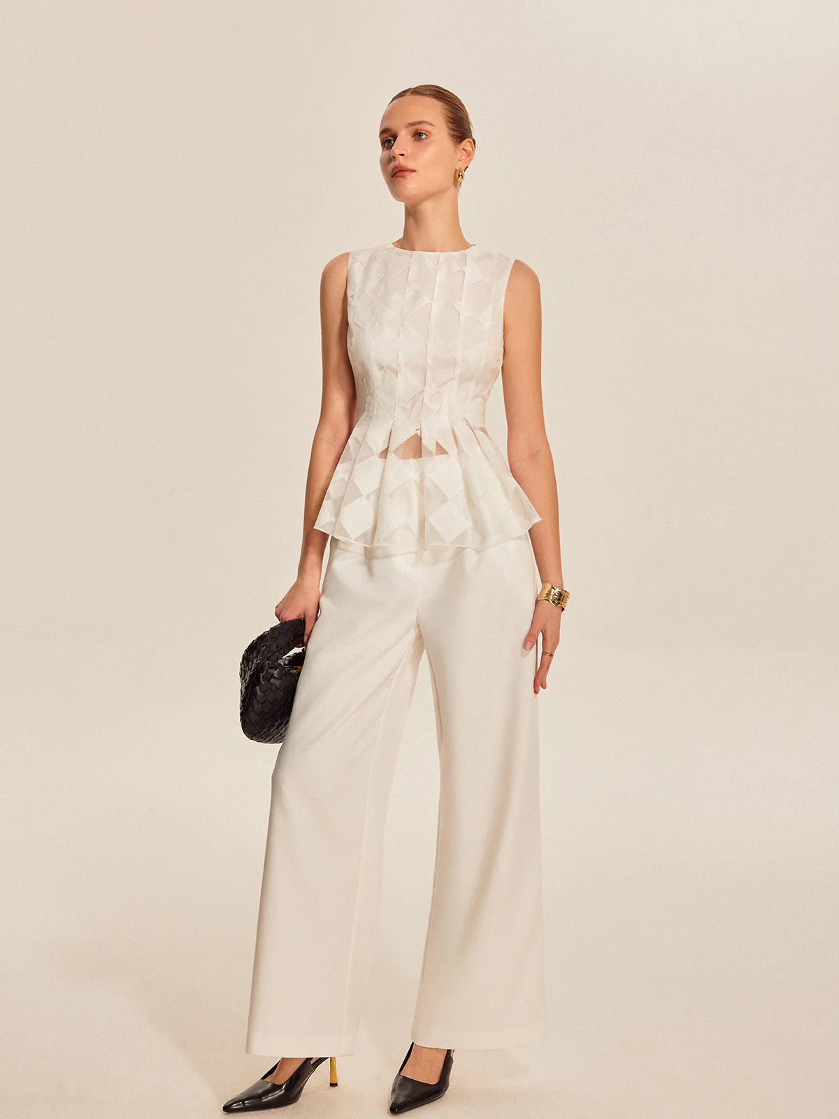 Semi-Sheer Geometric Peplum Top - Takermore