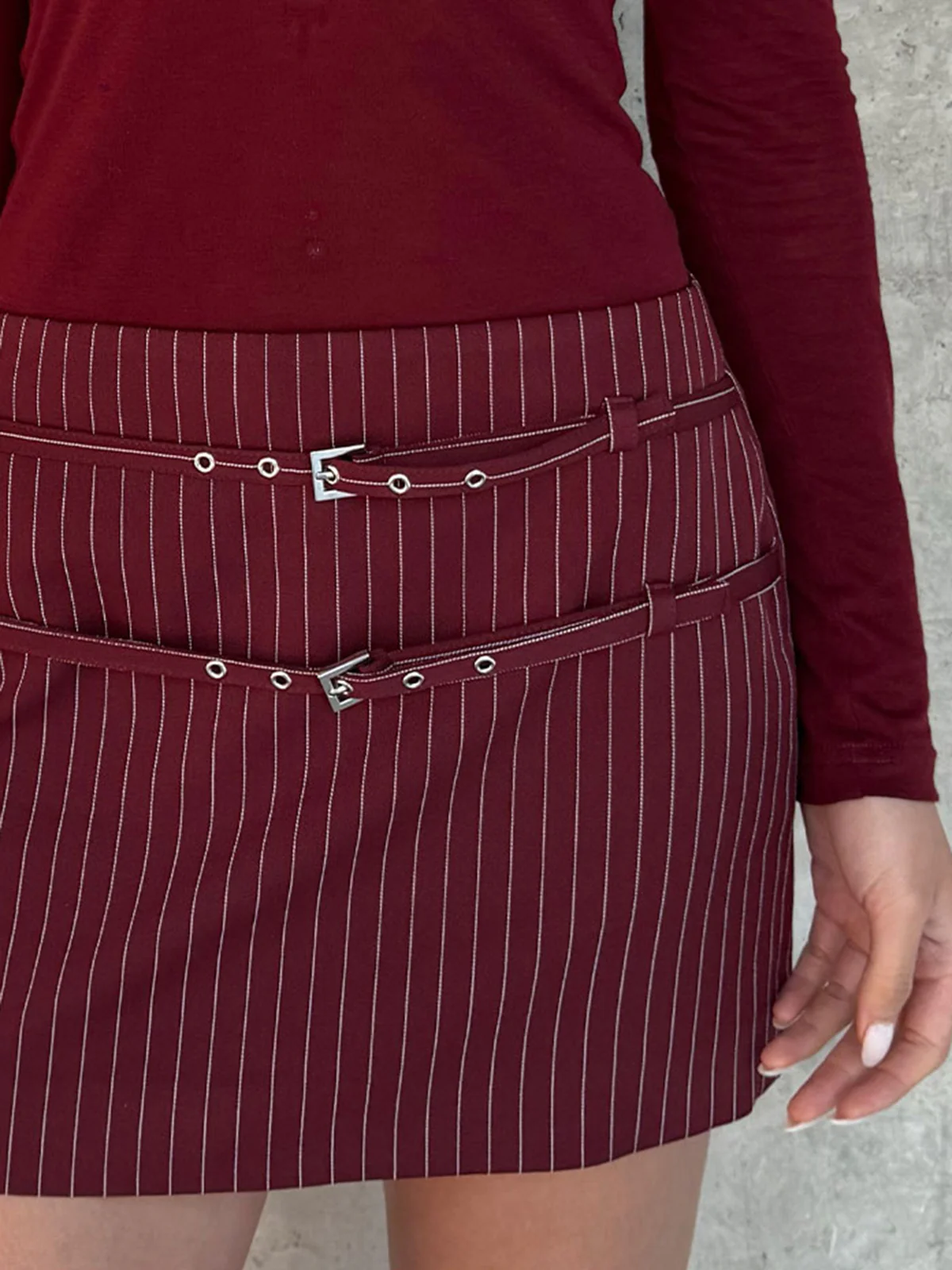 Belt-Decor Pinstripe Skirt - Takermore