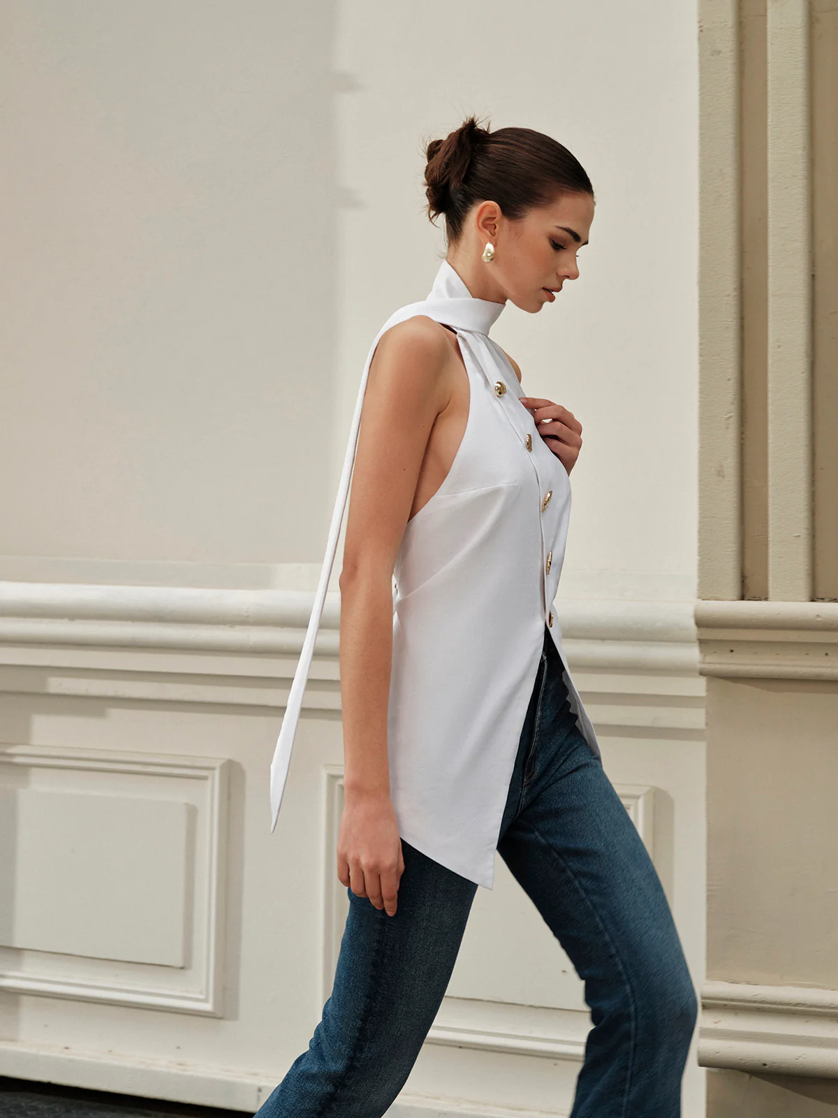 Halter Asymmetrical Metal Button Top - Takermore