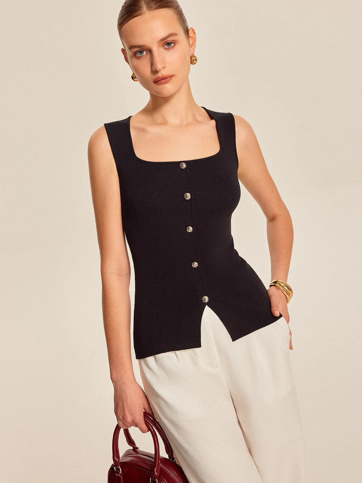 Button Front Square Neck Top - Takermore