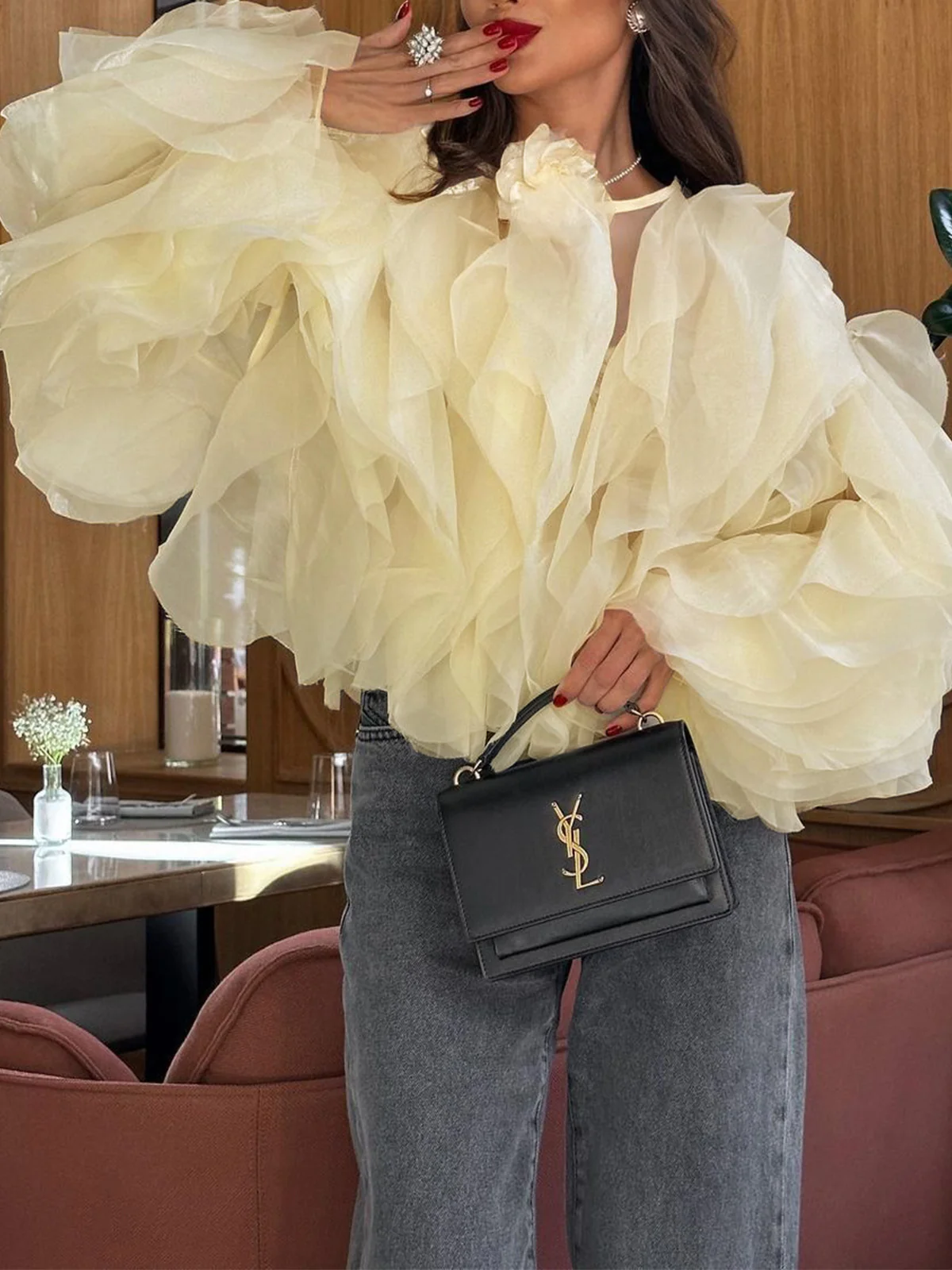 Semi-sheer Chiffon Ruffled Crew Neck Blouse - Takermore