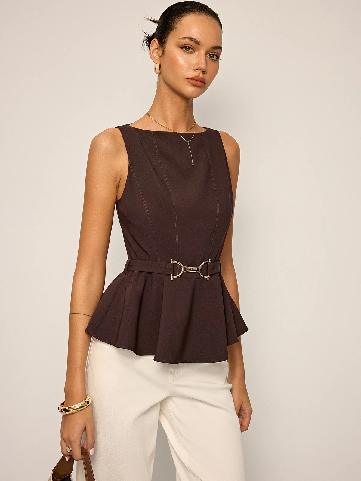 Sleeveless Peplum Top with Metal Buckle Belt - Takermore