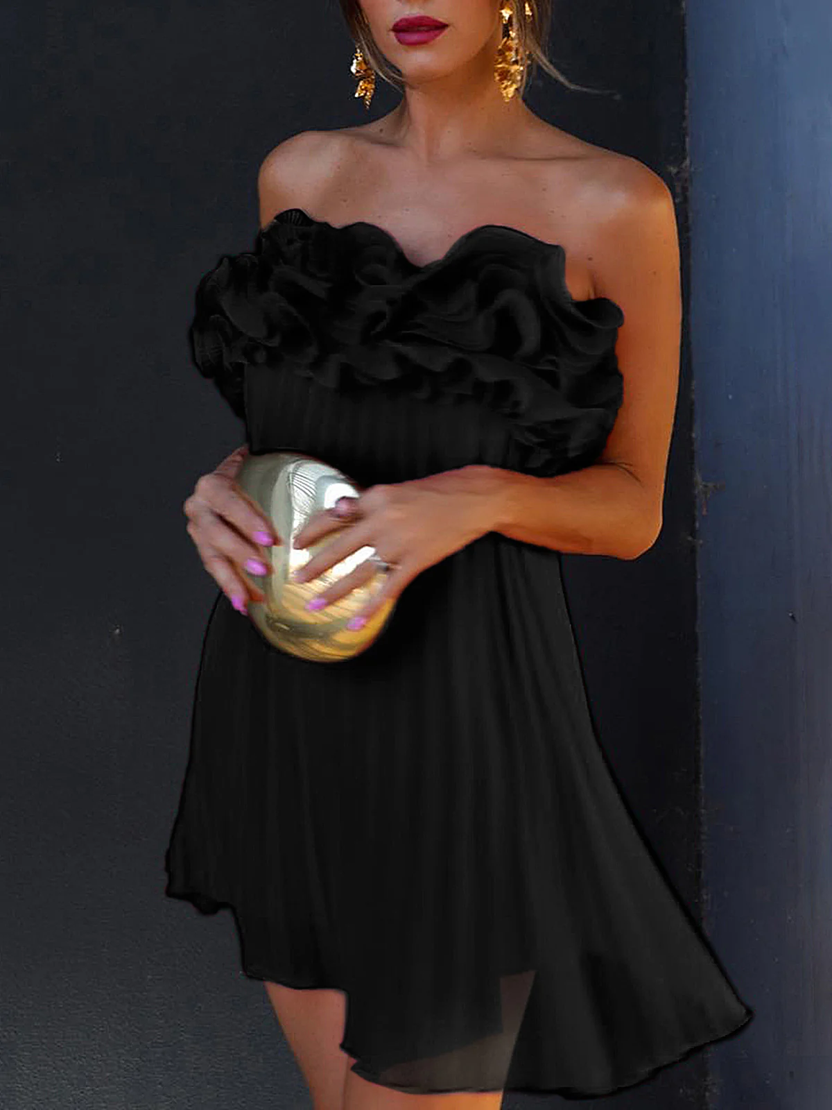 Mesh Rosette Tube Pleat Short Dress - Takermore