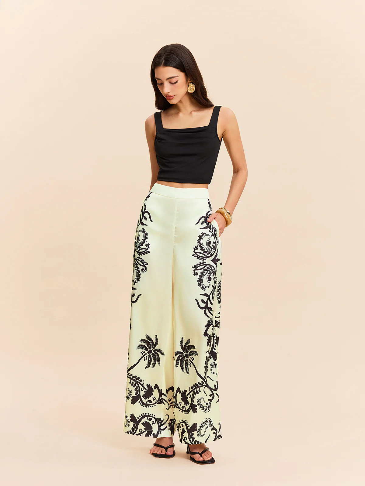 High-Waist Tropical Print Satin Pants - Takermore