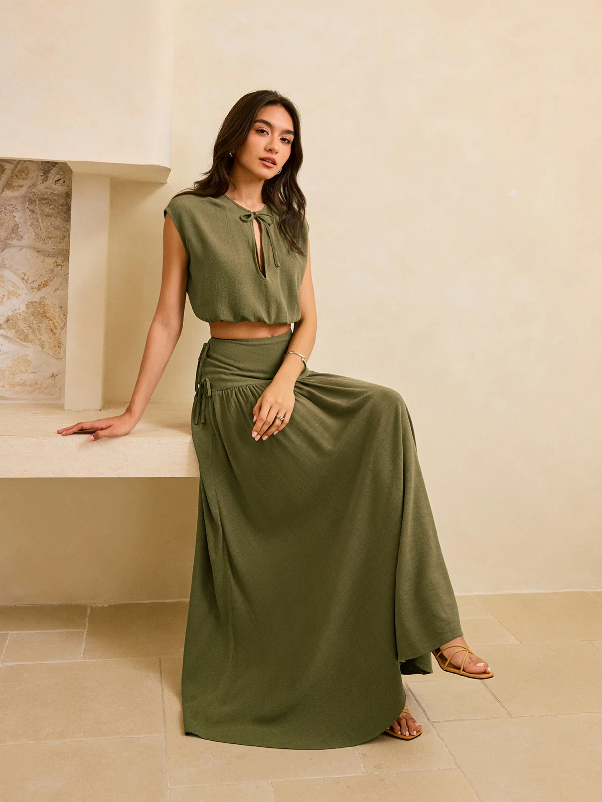 Tie-Detail Crop Top and Maxi Ruffled Skirt Set - Takermore