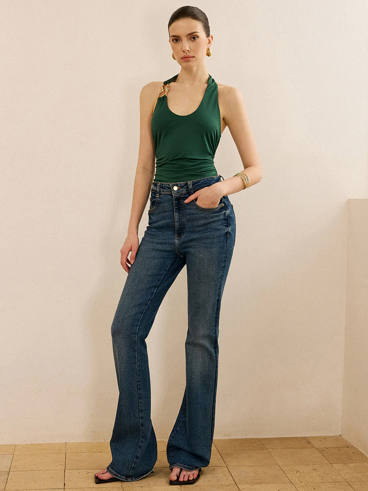 Metal Detailed Halter Neck Backless Top - Takermore