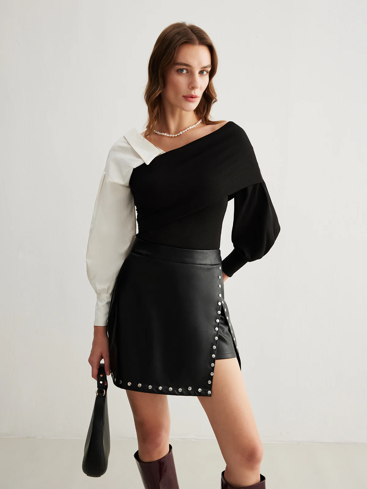 Slit Studded Faux Leather Mini Skirt - Takermore